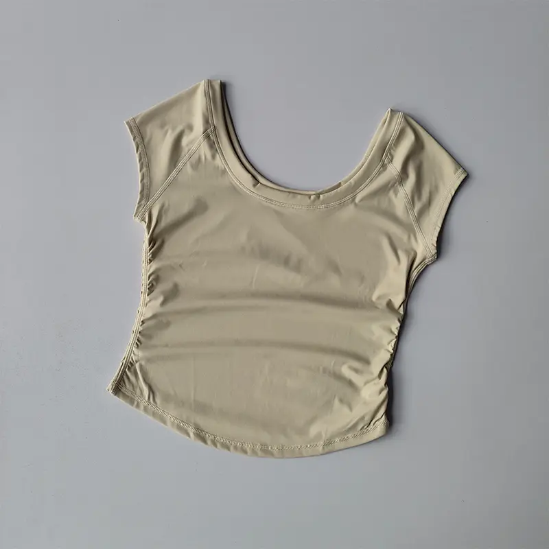 Big Round Neck Fitness Women's Tight Fitting Sports T-shirt, Running Training Yoga Short Sleeved Thin Nude Yoga Suit Top