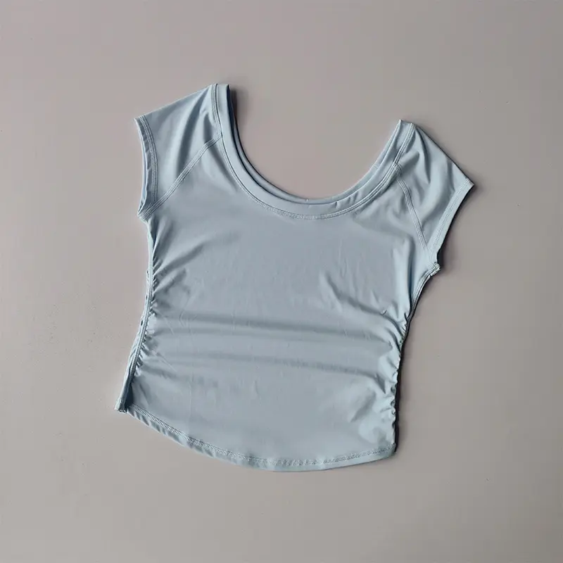Big Round Neck Fitness Women's Tight Fitting Sports T-shirt, Running Training Yoga Short Sleeved Thin Nude Yoga Suit Top
