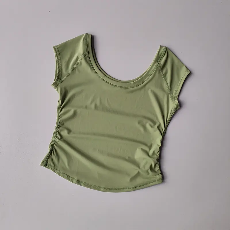 Big Round Neck Fitness Women's Tight Fitting Sports T-shirt, Running Training Yoga Short Sleeved Thin Nude Yoga Suit Top