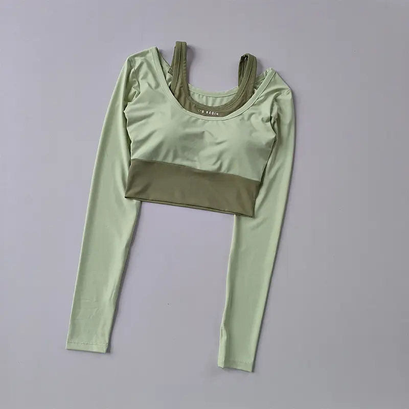 Fake Two-piece Yoga Long-sleeved Top with Chest Pad Tight and Slimming Quick-drying Exercise Fitness Short Yoga Suit