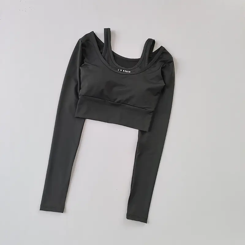 Two-piece yoga suit with chest pad with long sleeves and short slimming fast-drying fitness suit stretch sports top for women