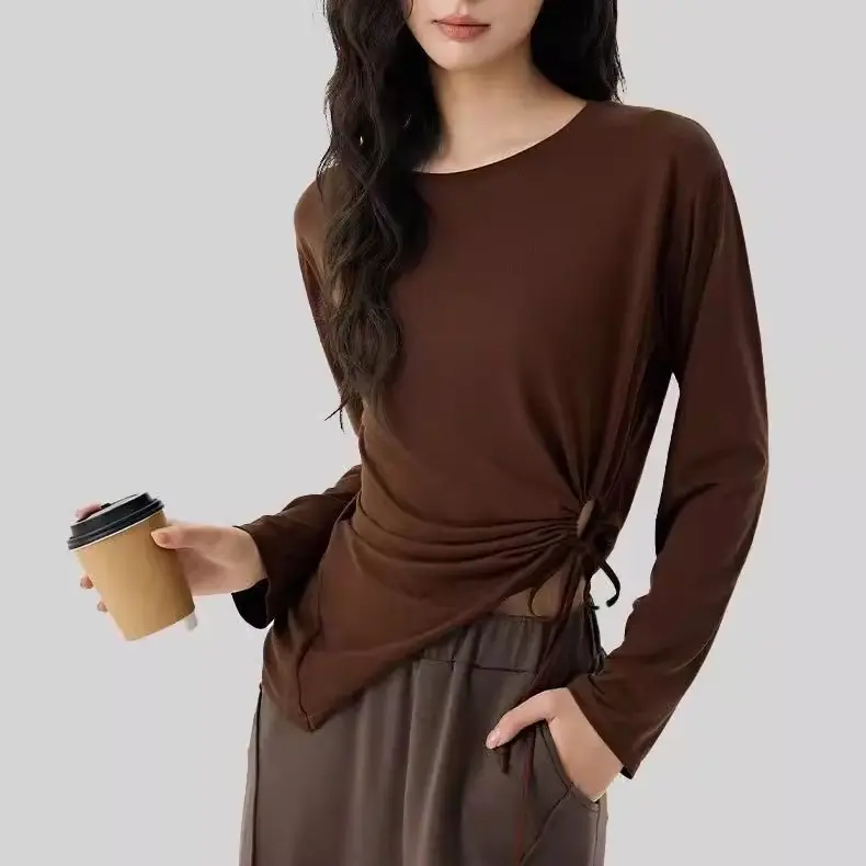 Fitness Gym Modal Yoga Suit Blouse Side Sexy Hollow Drawstring Loose Breathable Sports Blouse Women's Long Sleeves Top Shirts