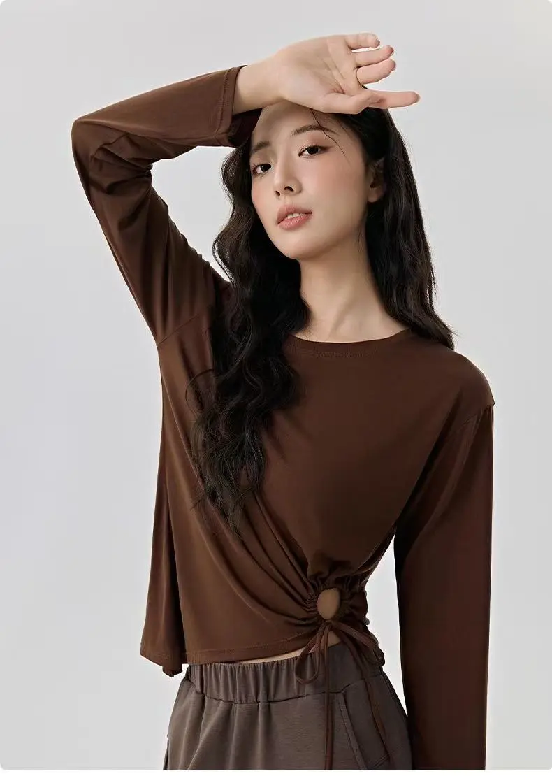 New Yoga Suit Long Sleeve Drawstring Waist Slimming Sports T-shirt Pilates Outer Wearing Fitness Sports Training Gym Top Suit