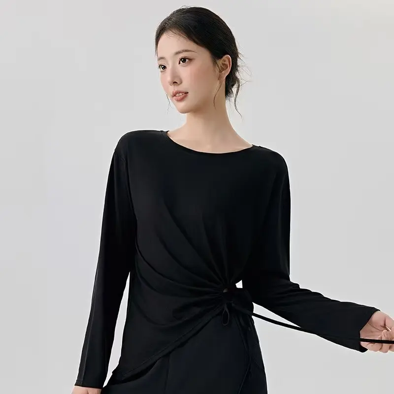 Fitness Gym Modal Yoga Suit Blouse Side Sexy Hollow Drawstring Loose Breathable Sports Blouse Women's Long Sleeves Top Shirts