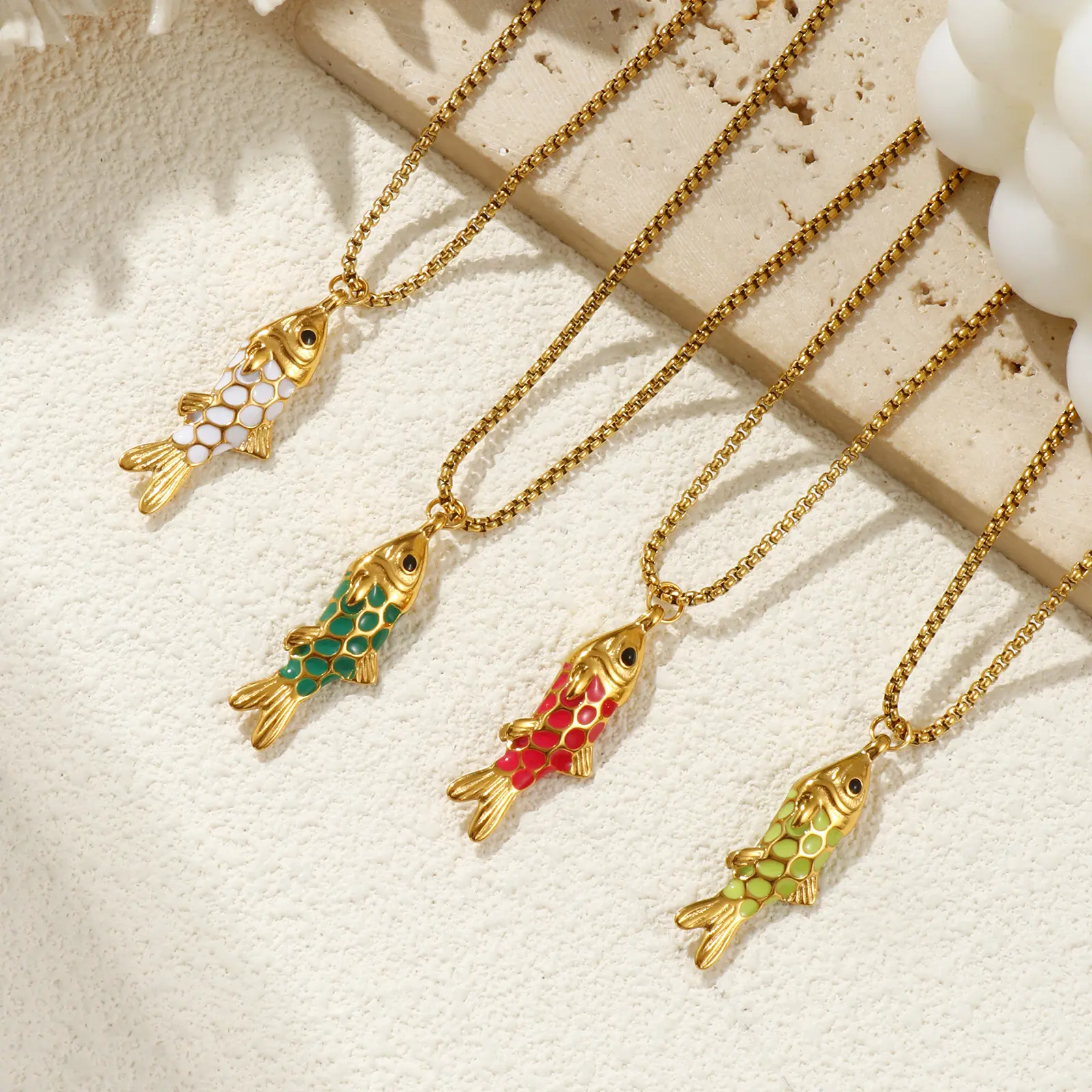 304 Stainless Steel Enamel Fish Pendant Charm Necklace 18K Real Gold Plated Box Chain 45cm + 5cm For Women Ocean Jewelry Gift