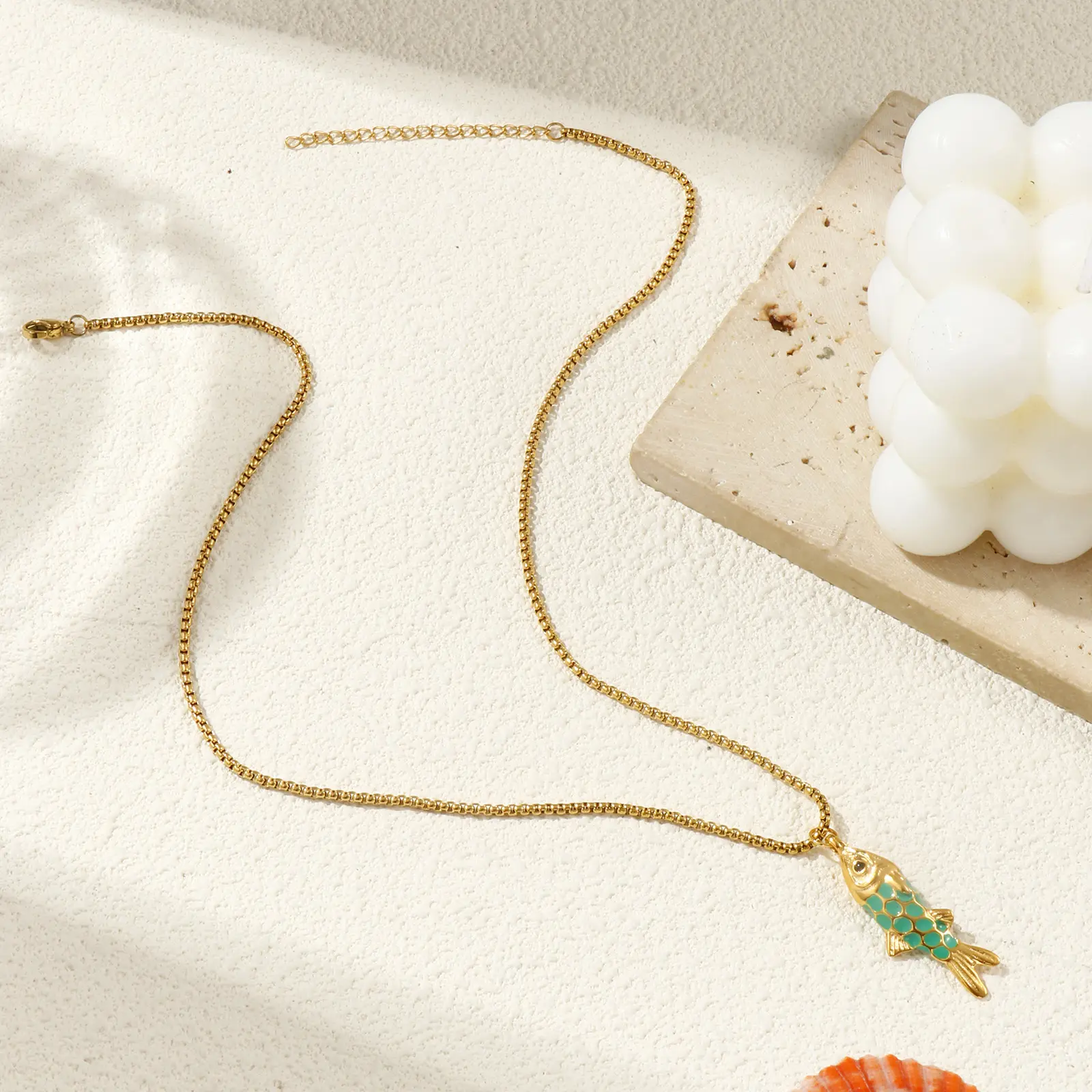 304 Stainless Steel Enamel Fish Pendant Charm Necklace 18K Real Gold Plated Box Chain 45cm + 5cm For Women Ocean Jewelry Gift