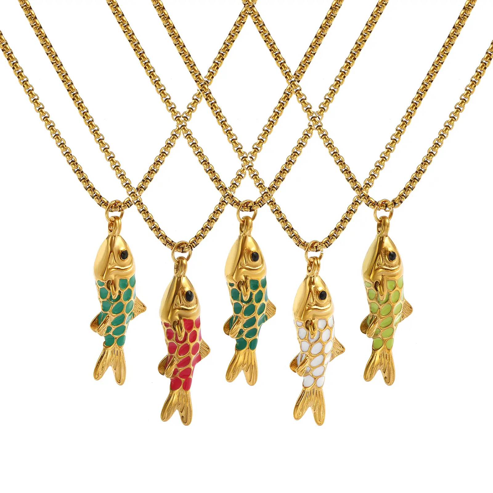 304 Stainless Steel Enamel Fish Pendant Charm Necklace 18K Real Gold Plated Box Chain 45cm + 5cm For Women Ocean Jewelry Gift
