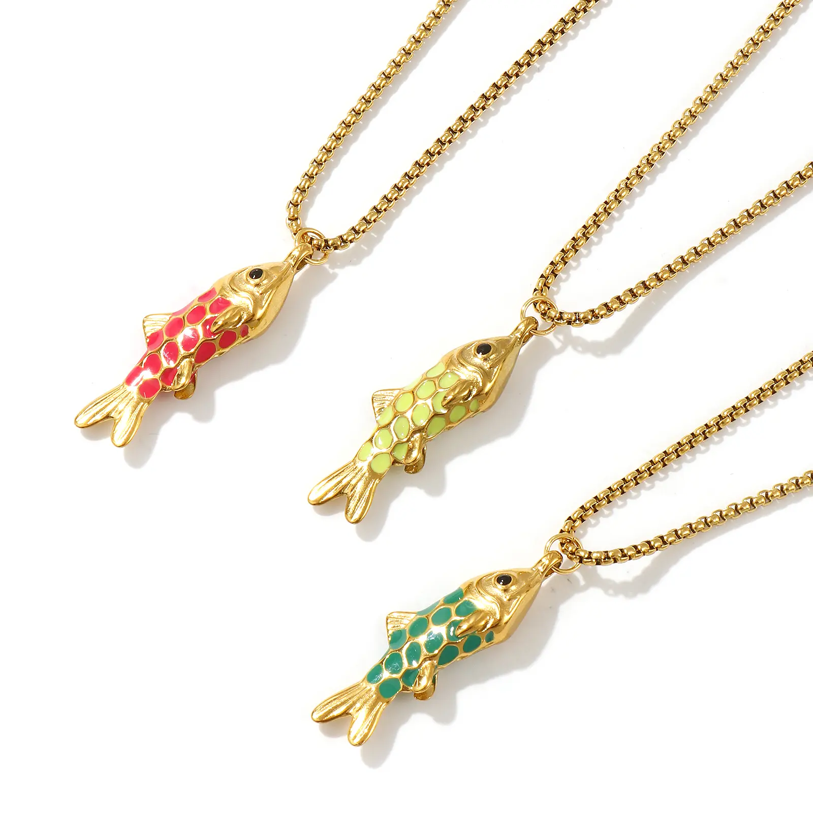 304 Stainless Steel Enamel Fish Pendant Charm Necklace 18K Real Gold Plated Box Chain 45cm + 5cm For Women Ocean Jewelry Gift