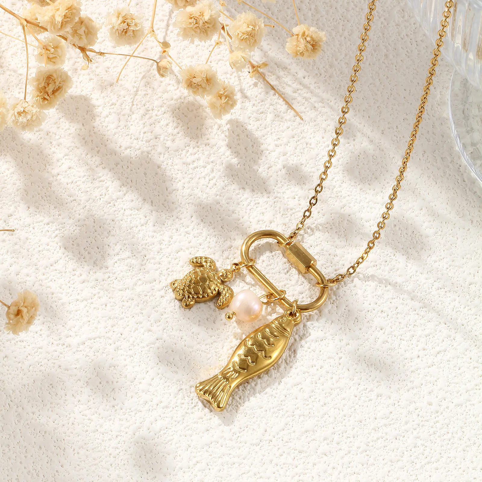 Ocean Series 304 Stainless Steel Necklace Natural Peachy Beige Pearl Tortoise Fish Pendant Jewelry For Women Gift 48cm + 5cm