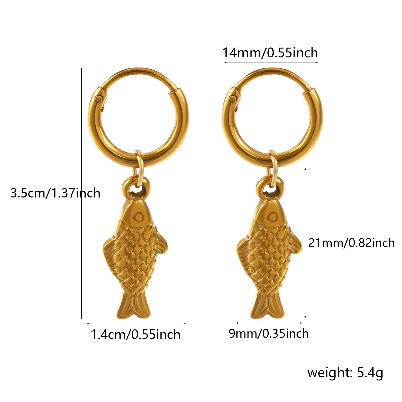 1 Pair Stylish Ocean Jewelry 18K Gold Plated 304 Stainless Steel Fish Animal 3D Hoop Earrings For Women Gift 3.5cm x 1.4cm