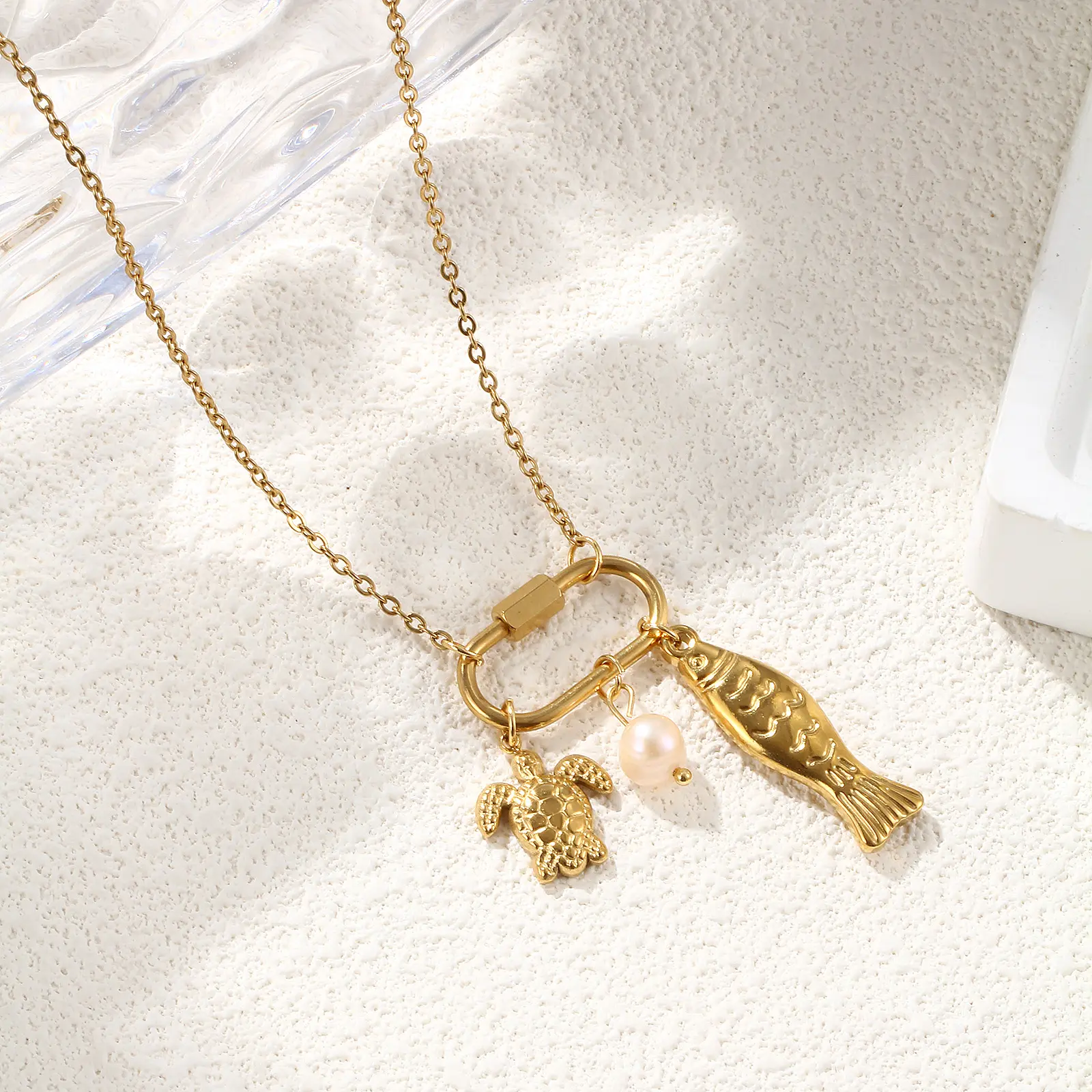 Ocean Series 304 Stainless Steel Necklace Natural Peachy Beige Pearl Tortoise Fish Pendant Jewelry For Women Gift 48cm + 5cm