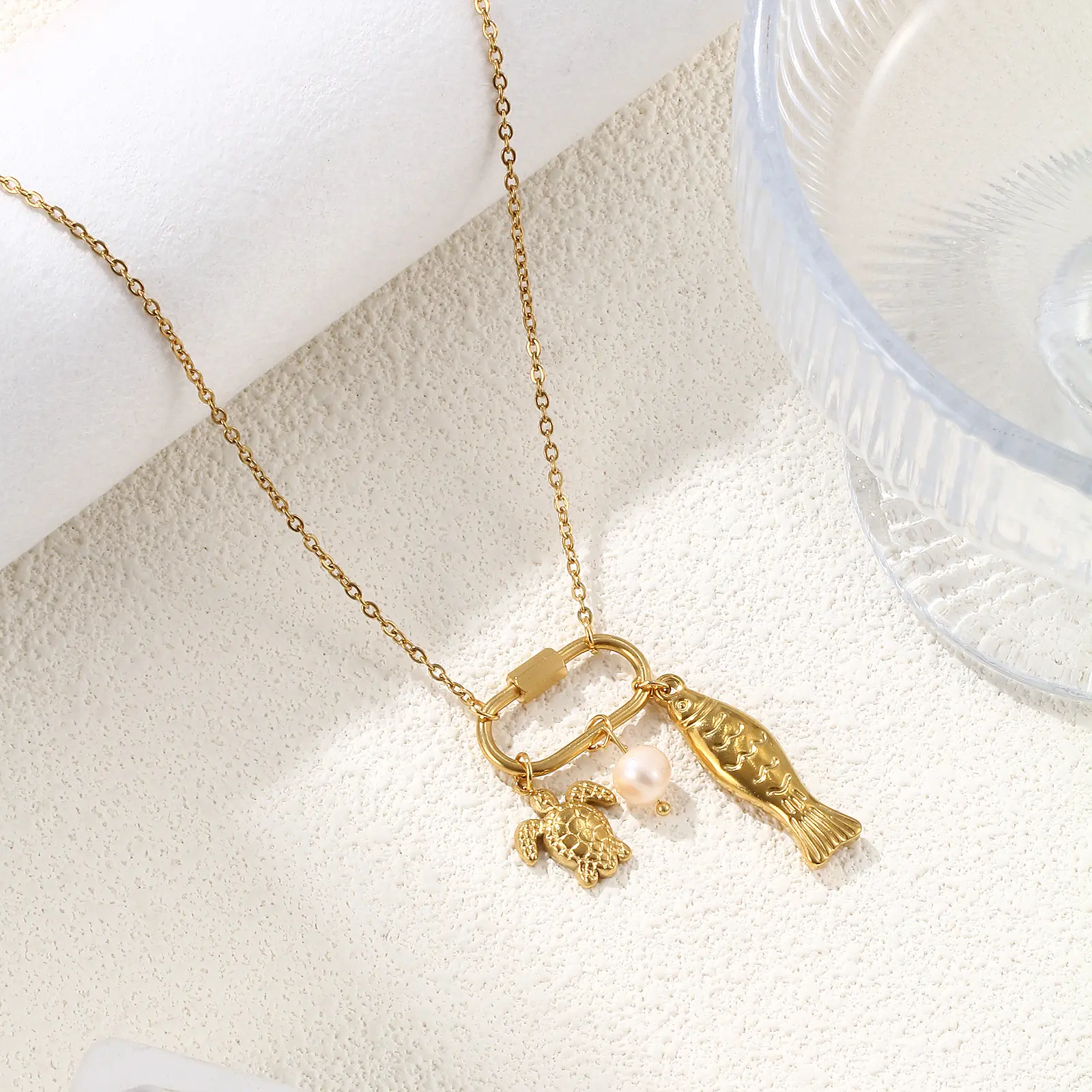 Ocean Series 304 Stainless Steel Necklace Natural Peachy Beige Pearl Tortoise Fish Pendant Jewelry For Women Gift 48cm + 5cm