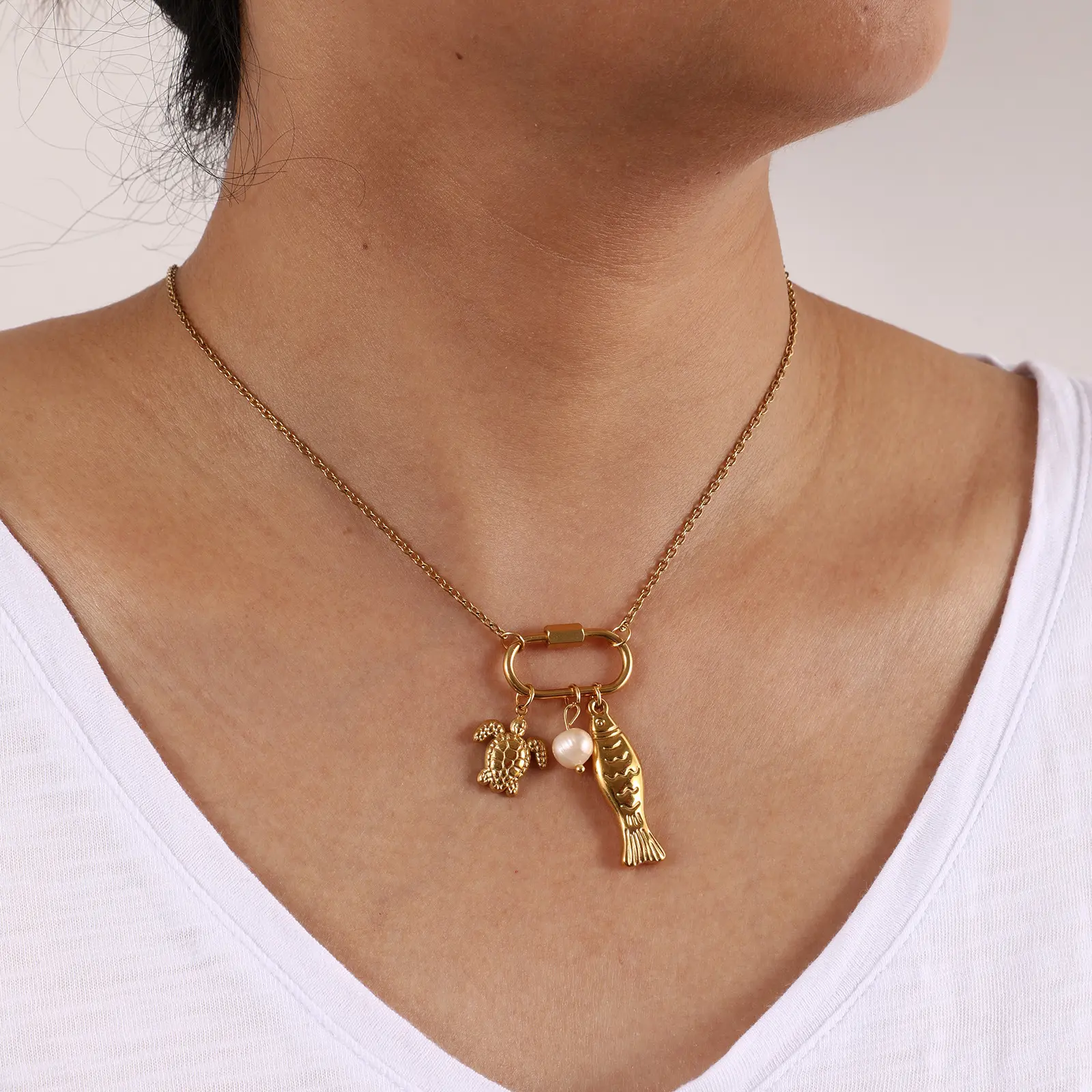 Ocean Series 304 Stainless Steel Necklace Natural Peachy Beige Pearl Tortoise Fish Pendant Jewelry For Women Gift 48cm + 5cm