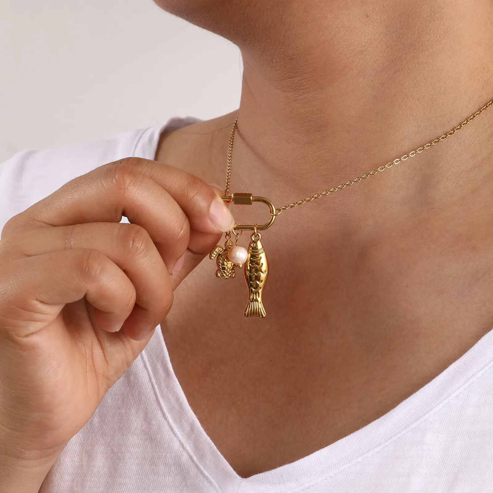 Ocean Series 304 Stainless Steel Necklace Natural Peachy Beige Pearl Tortoise Fish Pendant Jewelry For Women Gift 48cm + 5cm