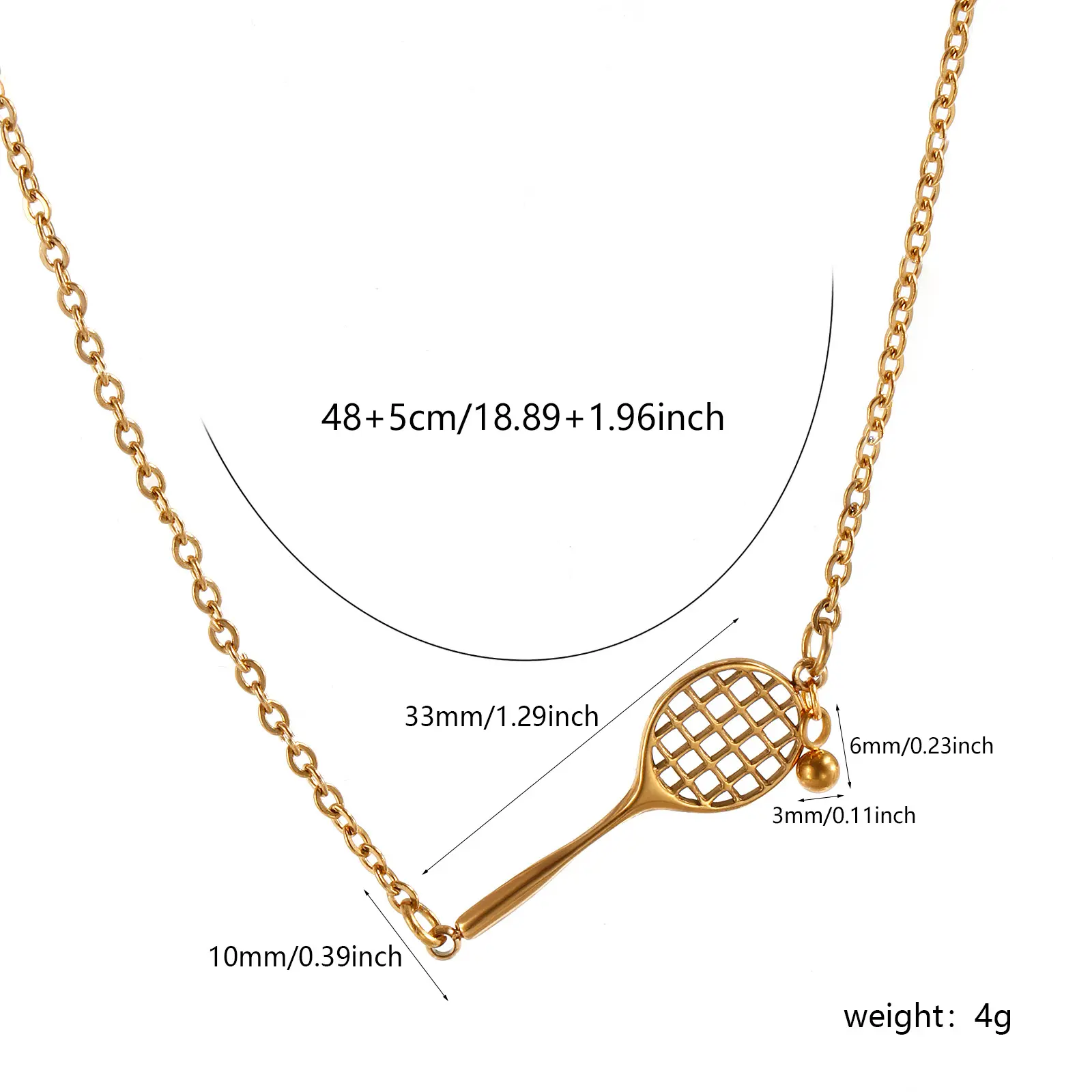 304 Stainless Steel Sport Pendant Necklace 18K Real Gold Plated Cable Chian Racket Charms Necklace For Women Jewelry Gift 45cm