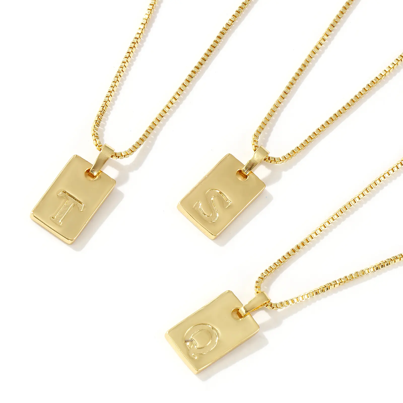 Brass Necklace Message " A-Z " Capital Alphabet Initial Letter 18K Gold Plated Box Chain Rectangle Pendant For Women Name Gift