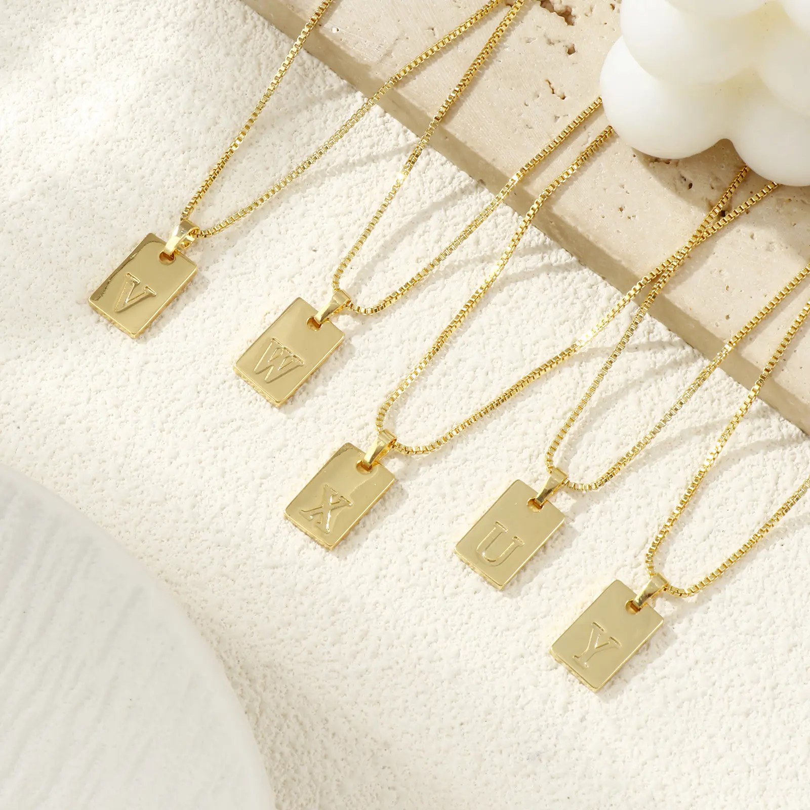 Brass Necklace Message " A-Z " Capital Alphabet Initial Letter 18K Gold Plated Box Chain Rectangle Pendant For Women Name Gift