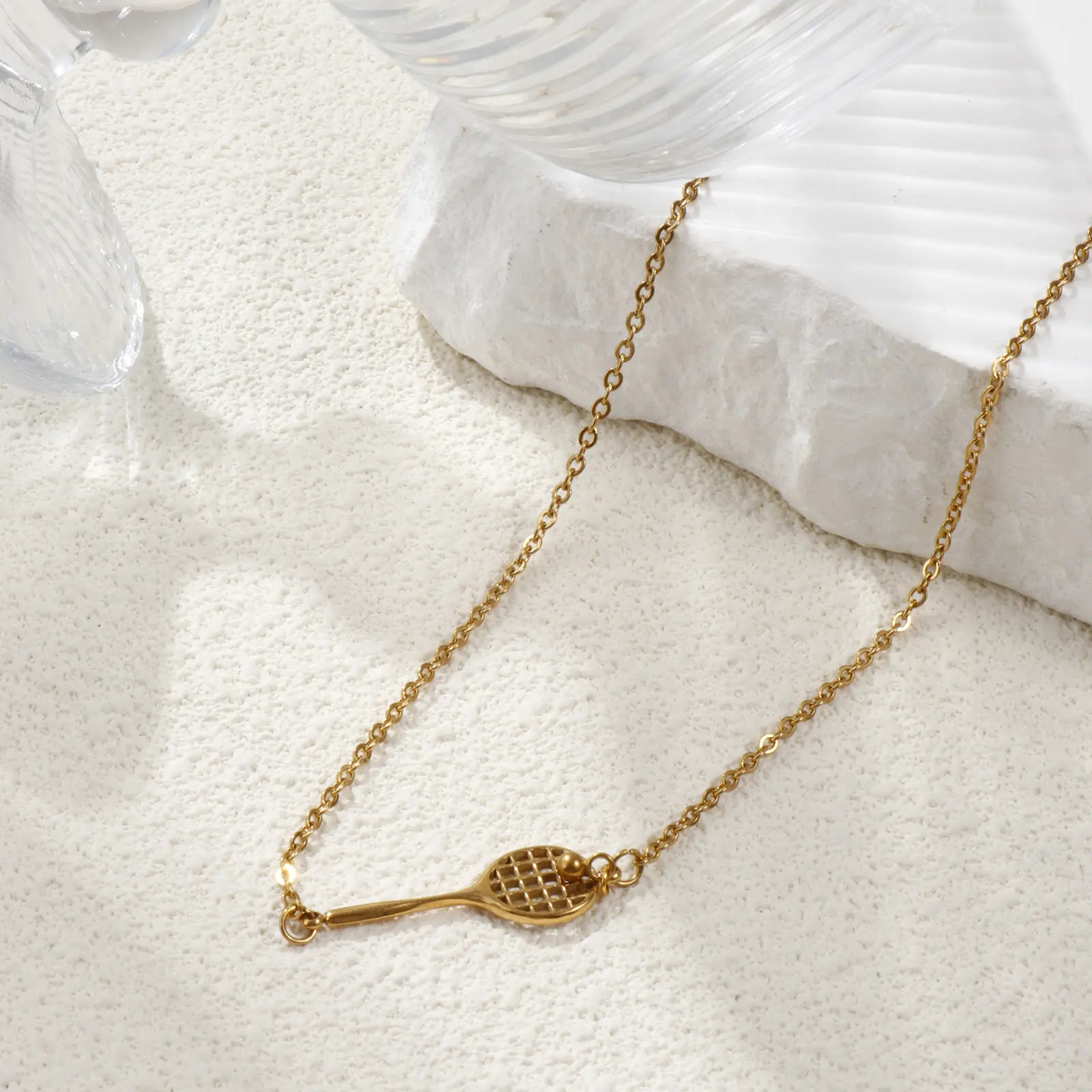 304 Stainless Steel Sport Pendant Necklace 18K Real Gold Plated Cable Chian Racket Charms Necklace For Women Jewelry Gift 45cm