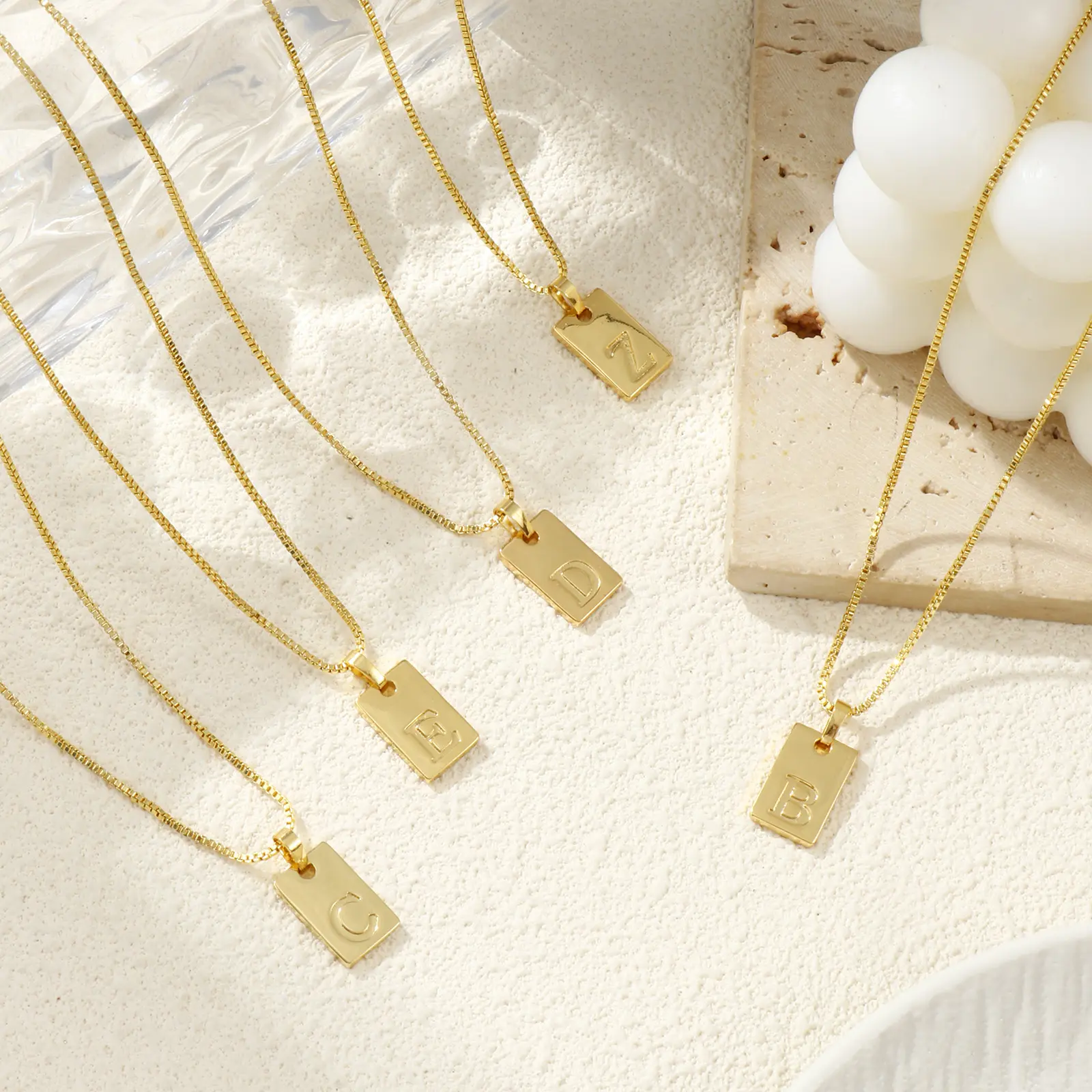 Brass Necklace Message " A-Z " Capital Alphabet Initial Letter 18K Gold Plated Box Chain Rectangle Pendant For Women Name Gift