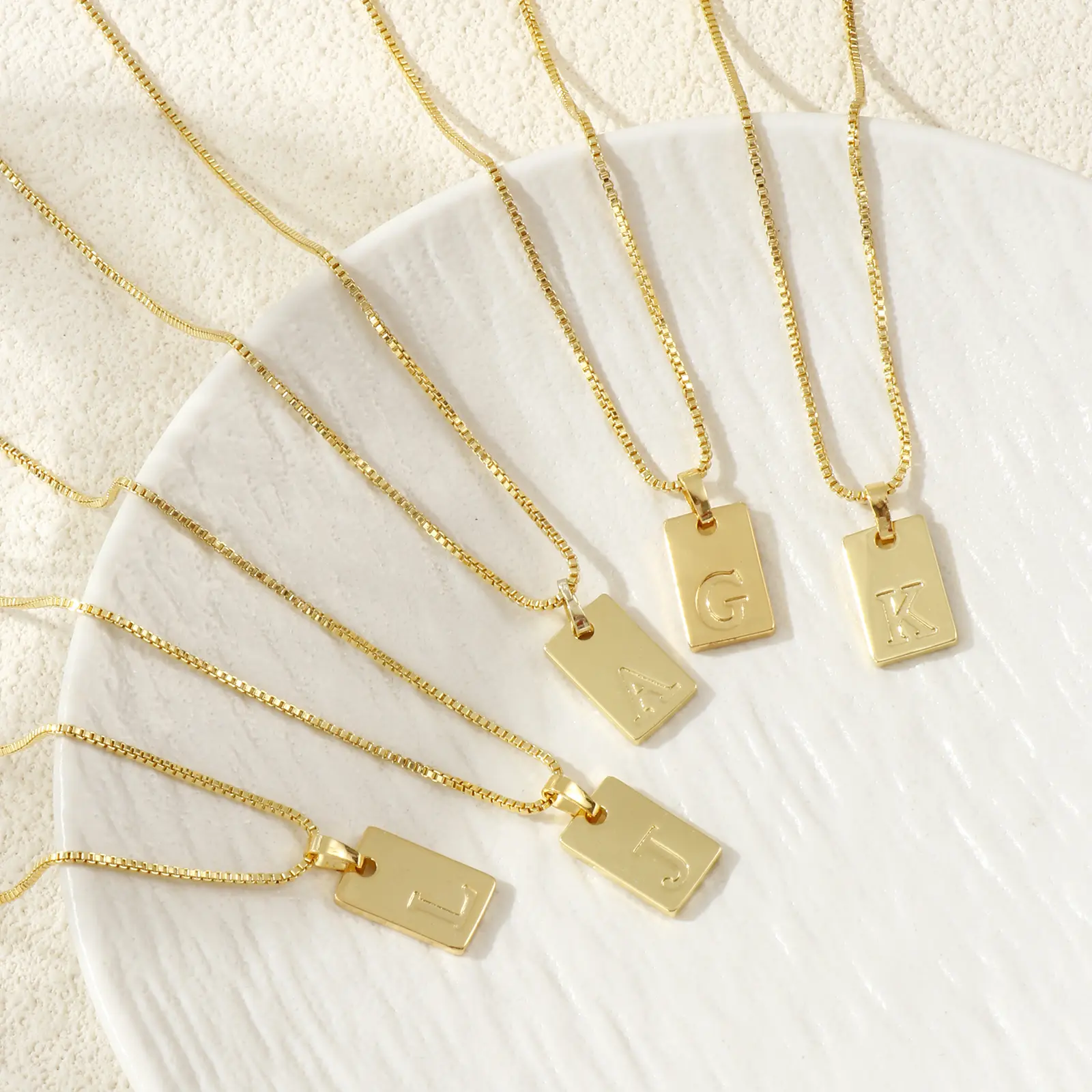 Brass Necklace Message " A-Z " Capital Alphabet Initial Letter 18K Gold Plated Box Chain Rectangle Pendant For Women Name Gift
