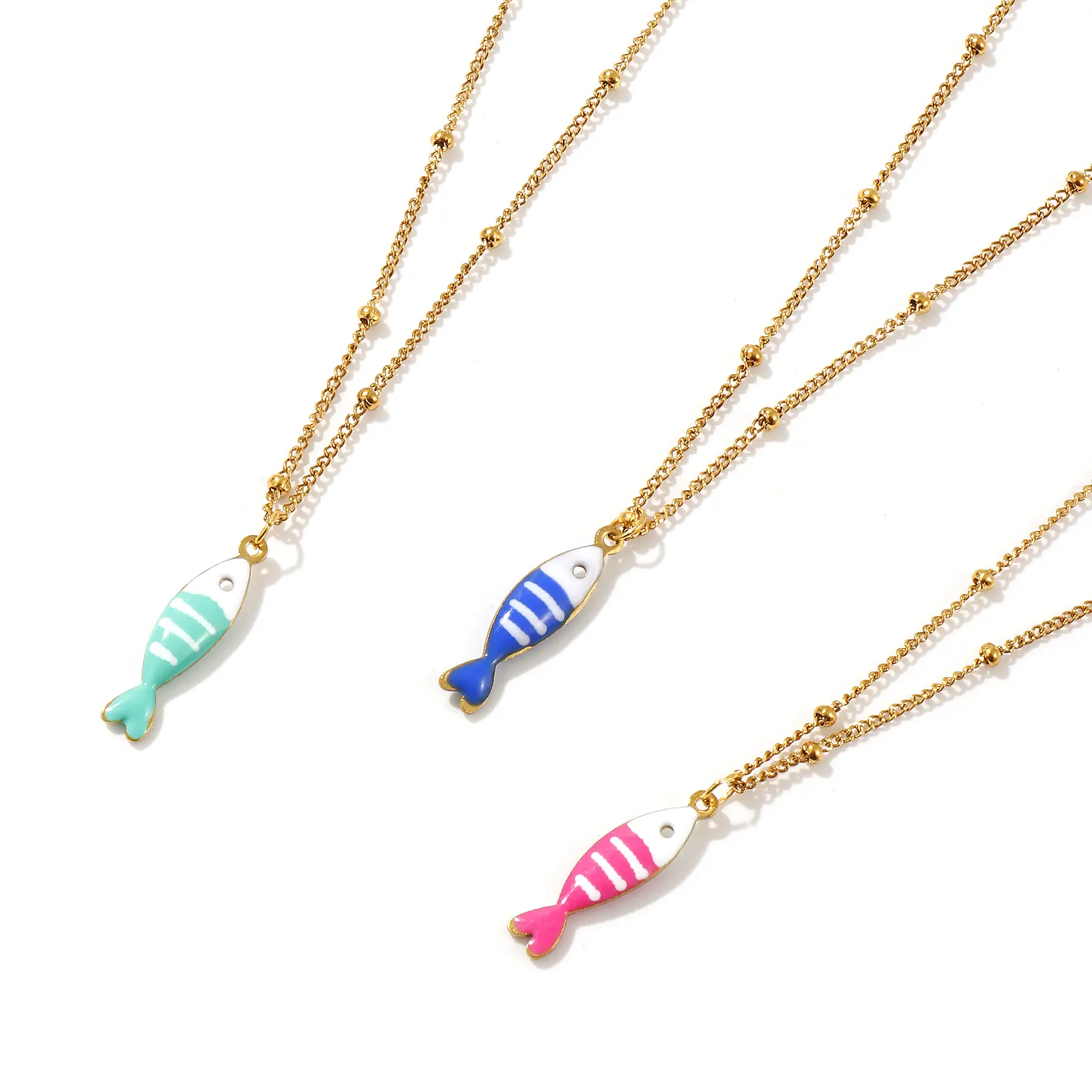 304 Stainless Steel Double-sided Enamel Fish Pendant Charm Necklace 18K Gold Plated Curb Link Chain For Women Ocean Jewelry Gift