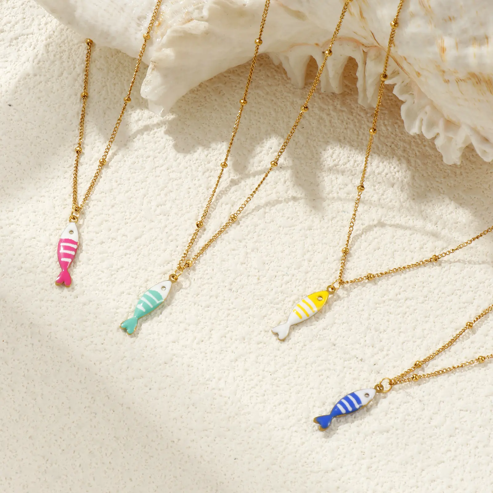 304 Stainless Steel Double-sided Enamel Fish Pendant Charm Necklace 18K Gold Plated Curb Link Chain For Women Ocean Jewelry Gift