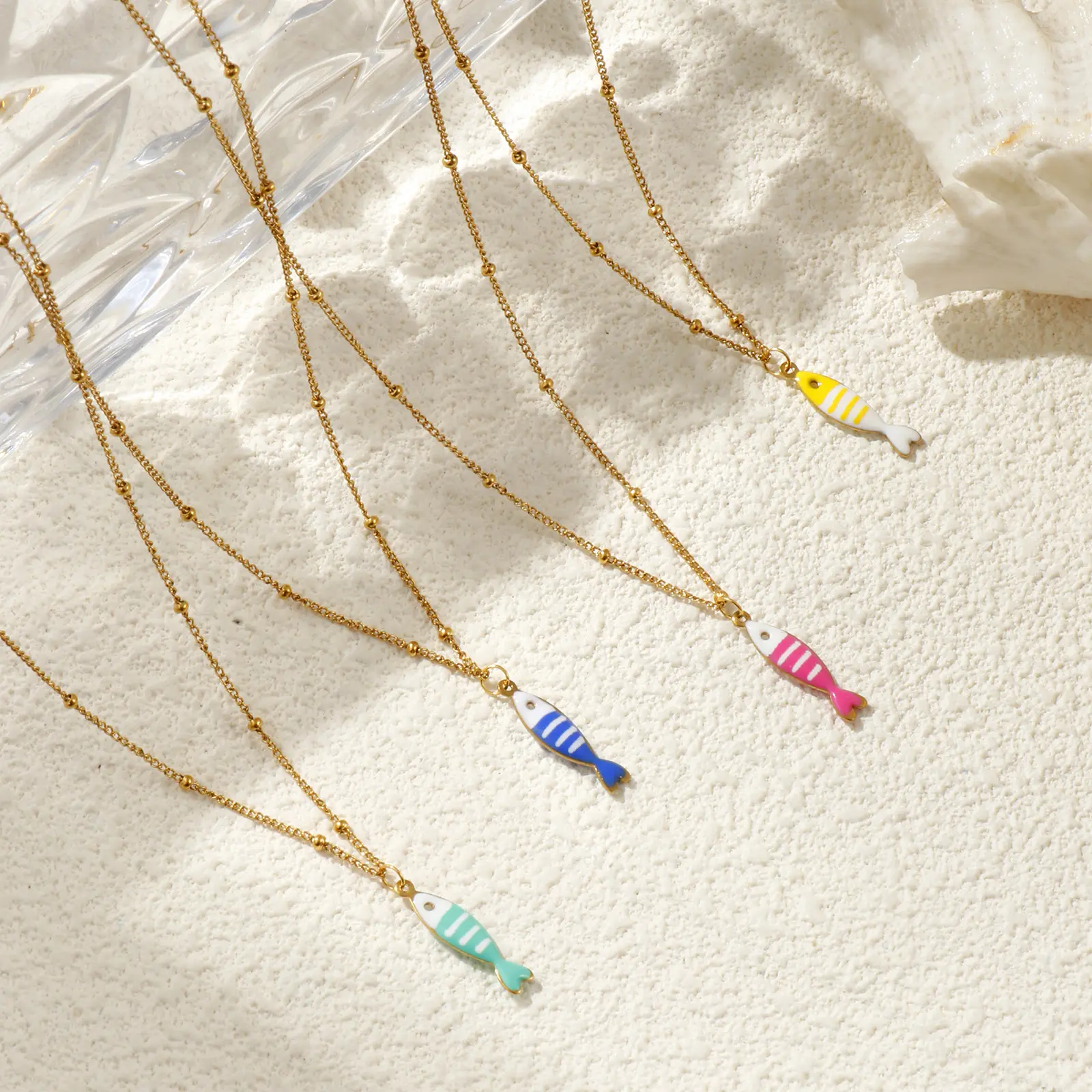 304 Stainless Steel Double-sided Enamel Fish Pendant Charm Necklace 18K Gold Plated Curb Link Chain For Women Ocean Jewelry Gift