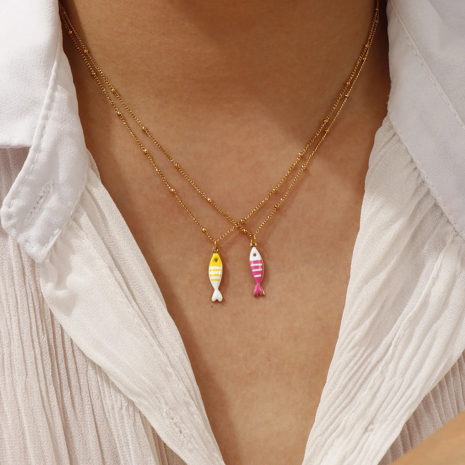 304 Stainless Steel Double-sided Enamel Fish Pendant Charm Necklace 18K Gold Plated Curb Link Chain For Women Ocean Jewelry Gift