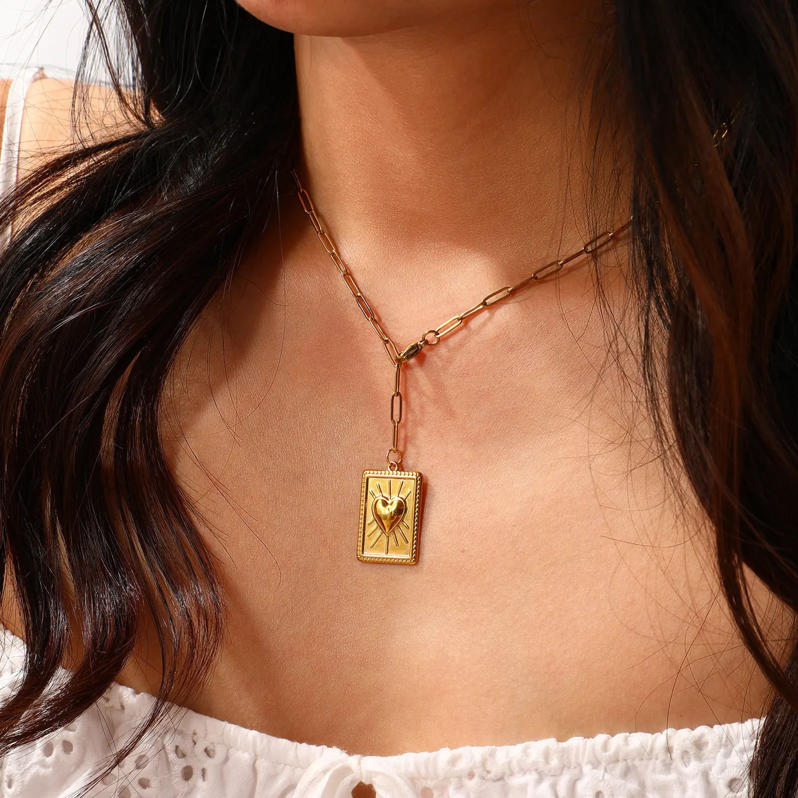 Stylish 304 Stainless Steel Necklace 18K Gold Plated  =Paperclip Link Chain Heart Square Snake Pendant Necklace For Women 60cm