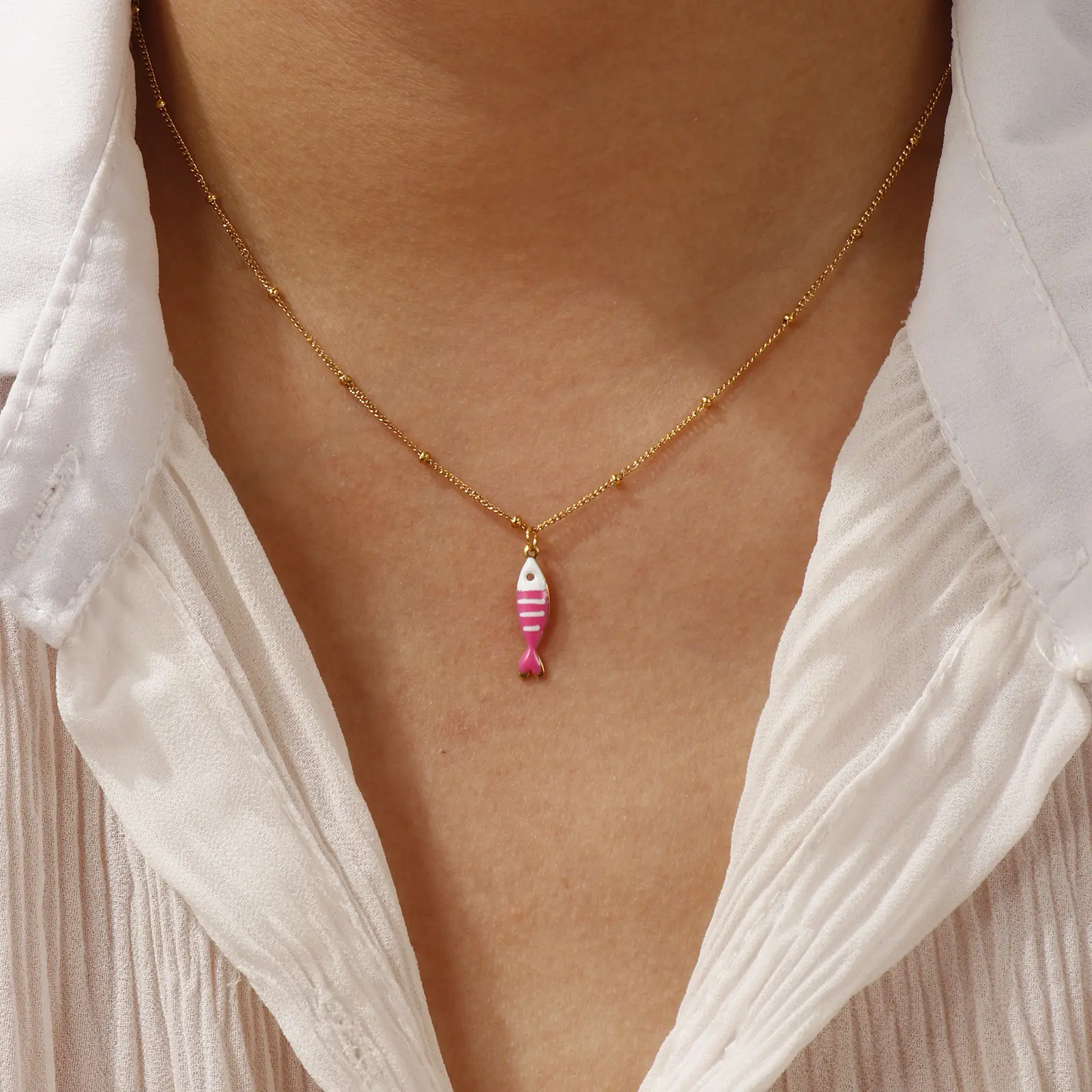 304 Stainless Steel Double-sided Enamel Fish Pendant Charm Necklace 18K Gold Plated Curb Link Chain For Women Ocean Jewelry Gift