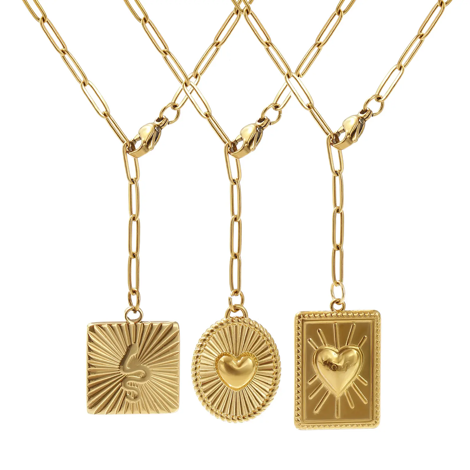 Stylish 304 Stainless Steel Necklace 18K Gold Plated  =Paperclip Link Chain Heart Square Snake Pendant Necklace For Women 60cm