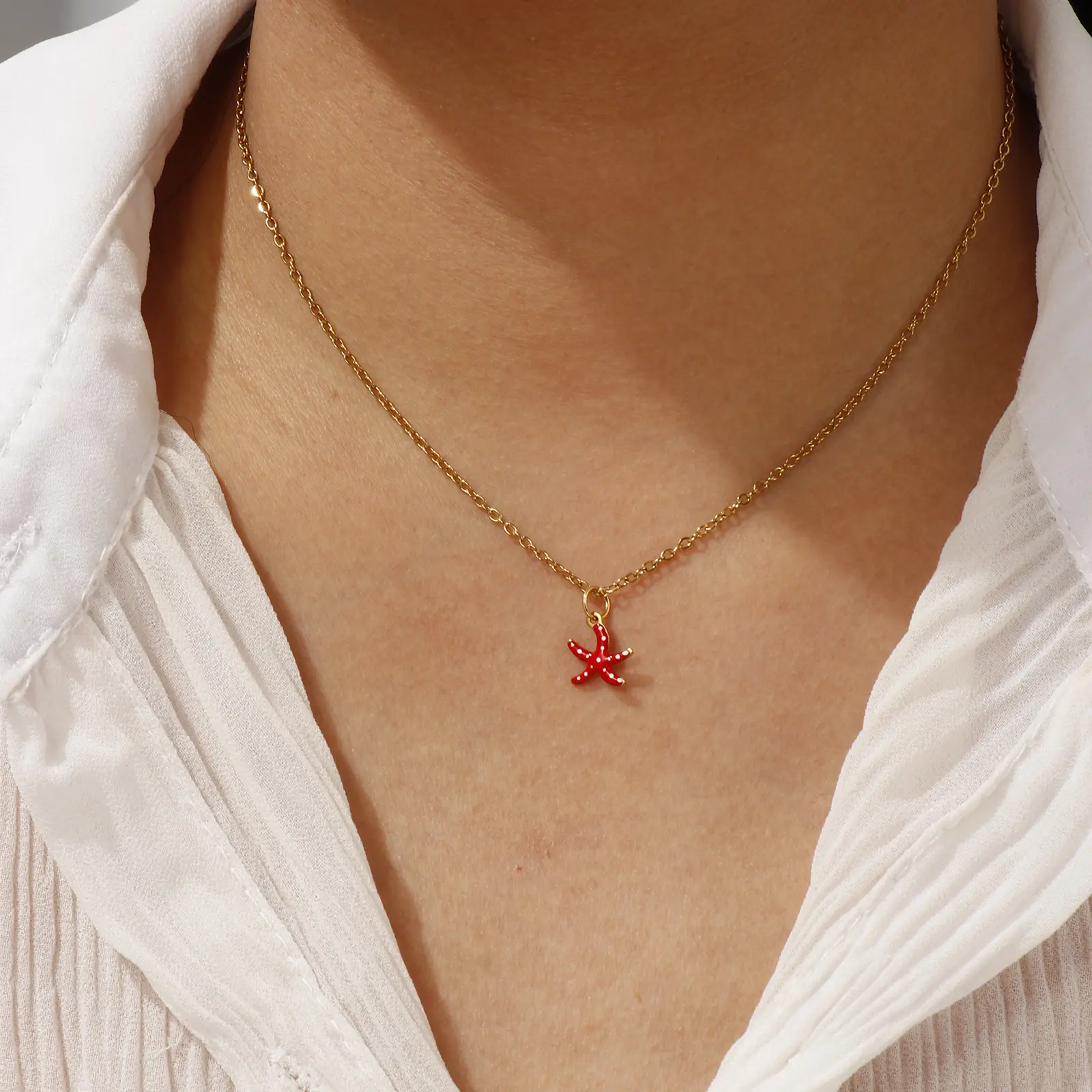 Ocean Spot Starfish Pendant Necklace 304 Stainless Steel Link Chain 18K Gold Plated Double Enamel Charm For Women Jewelry Gift