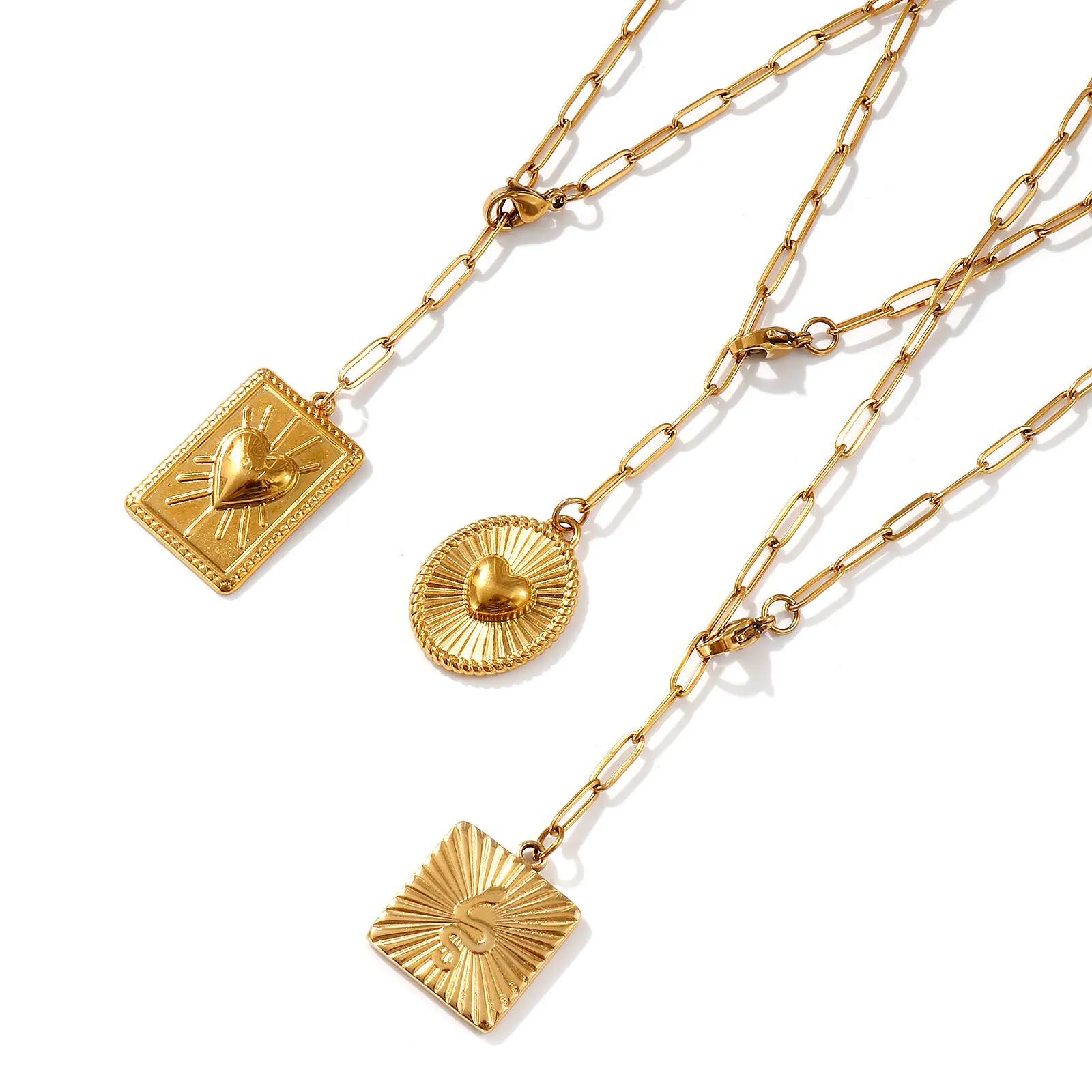 Stylish 304 Stainless Steel Necklace 18K Gold Plated  =Paperclip Link Chain Heart Square Snake Pendant Necklace For Women 60cm
