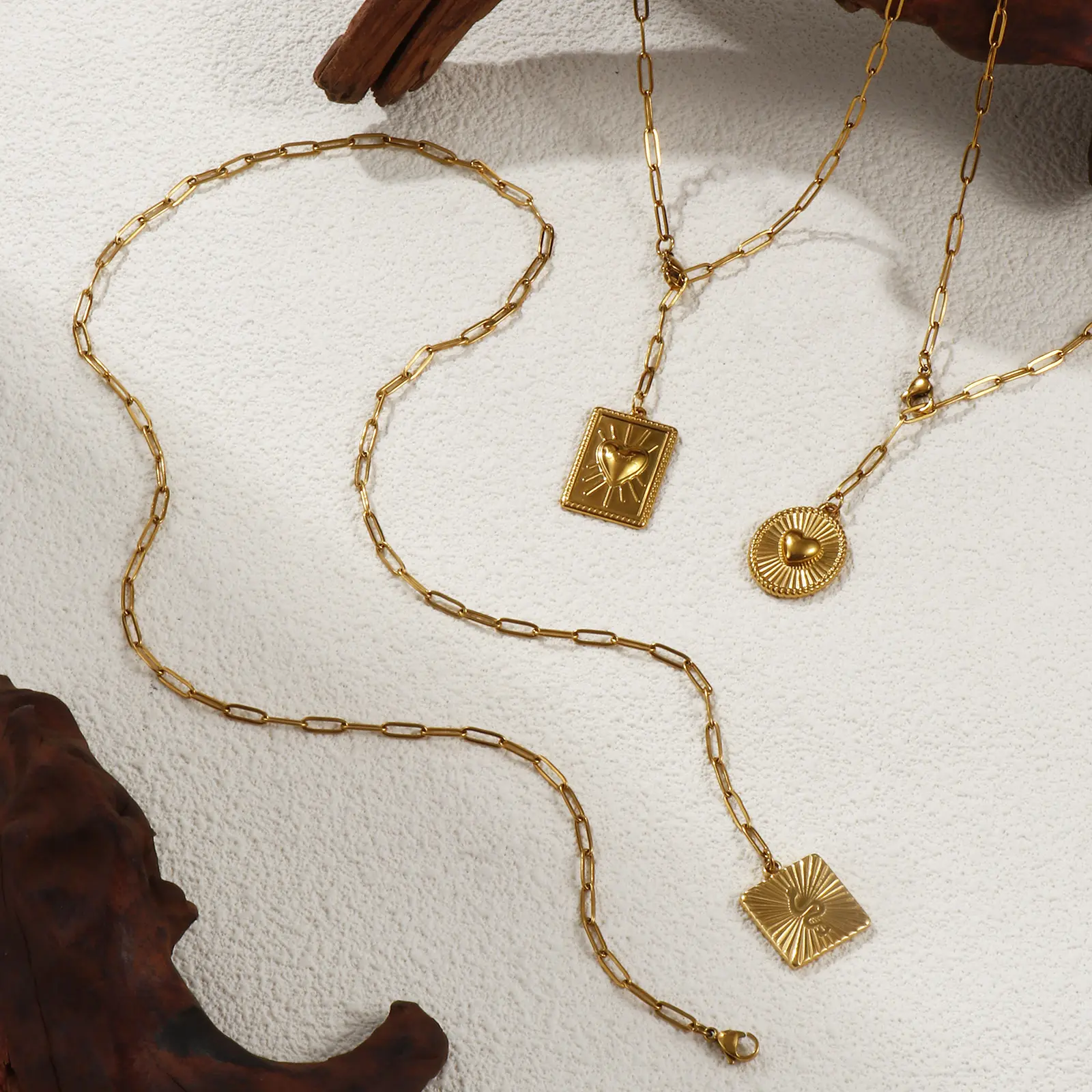 Stylish 304 Stainless Steel Necklace 18K Gold Plated  =Paperclip Link Chain Heart Square Snake Pendant Necklace For Women 60cm