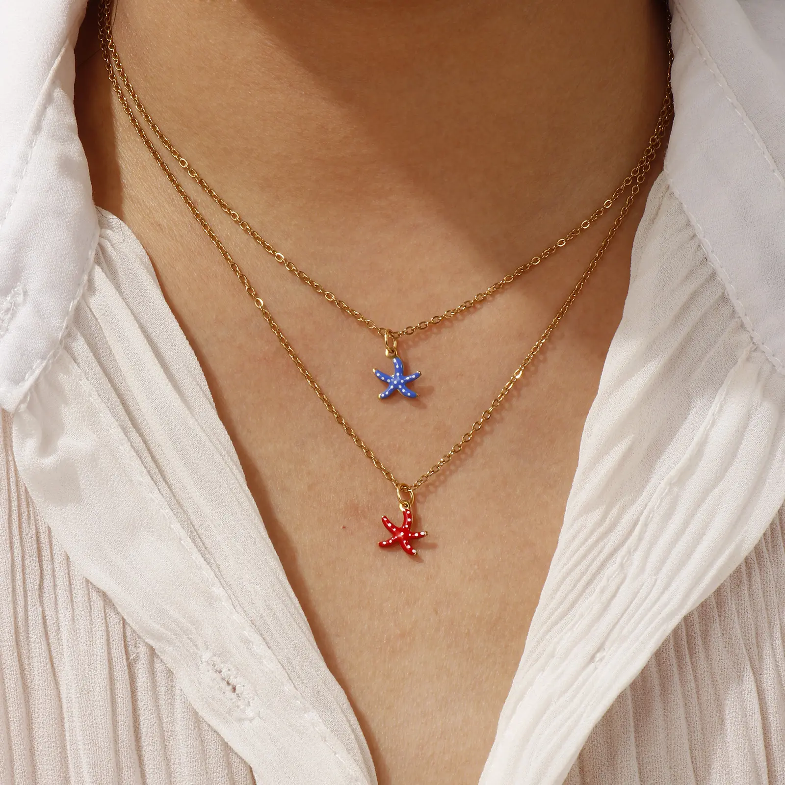 Ocean Spot Starfish Pendant Necklace 304 Stainless Steel Link Chain 18K Gold Plated Double Enamel Charm For Women Jewelry Gift