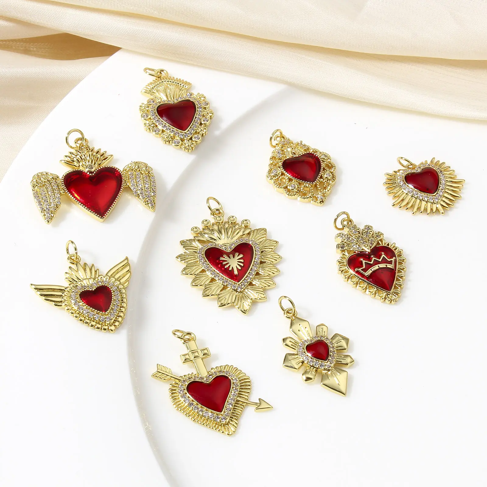 10 Piece Wholesale Classic Red Religious Heart Charms For Jewelry Making Ex Voto Pendants Clear Cubic Zirconia Necklace DIY