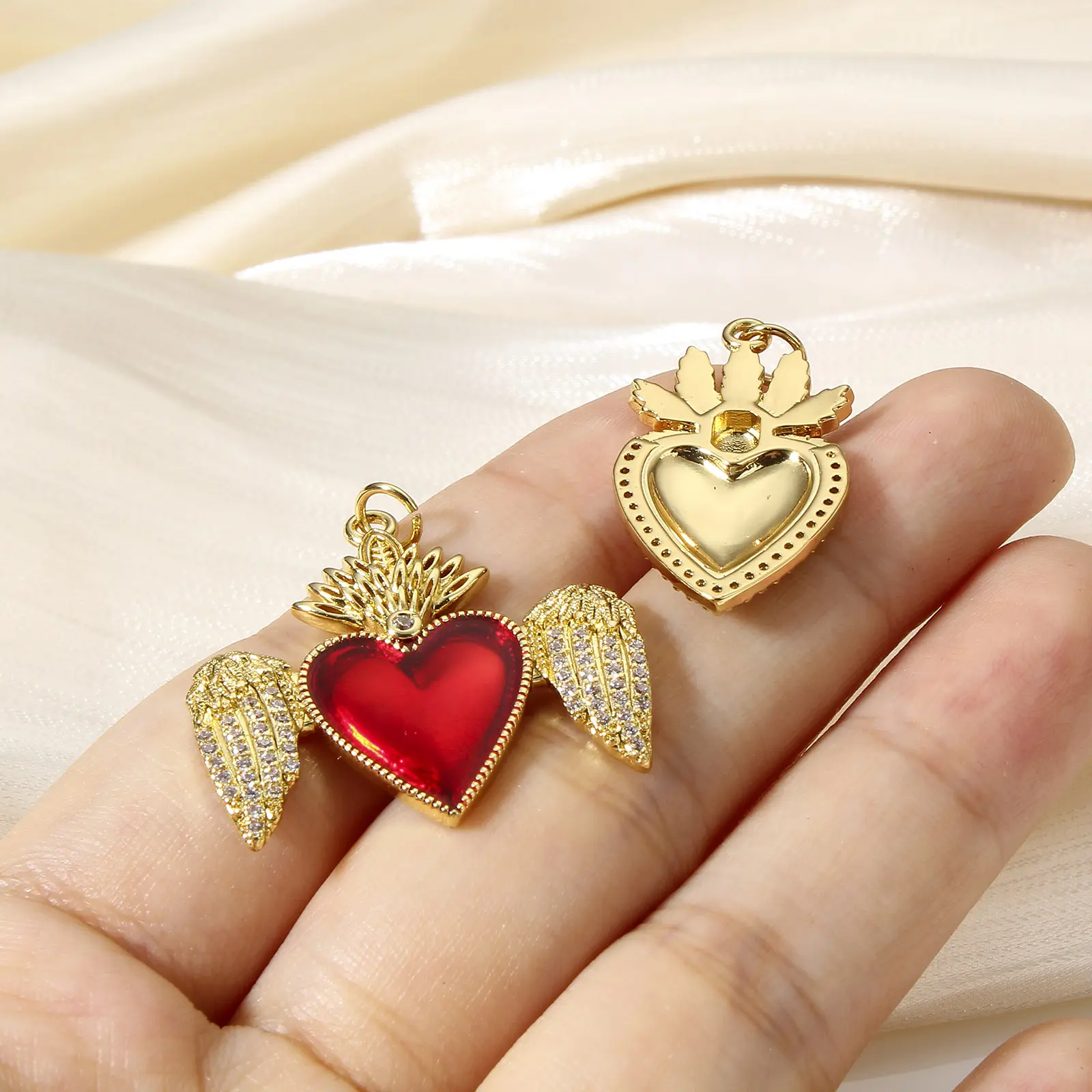 10 Piece Wholesale Classic Red Religious Heart Charms For Jewelry Making Ex Voto Pendants Clear Cubic Zirconia Necklace DIY
