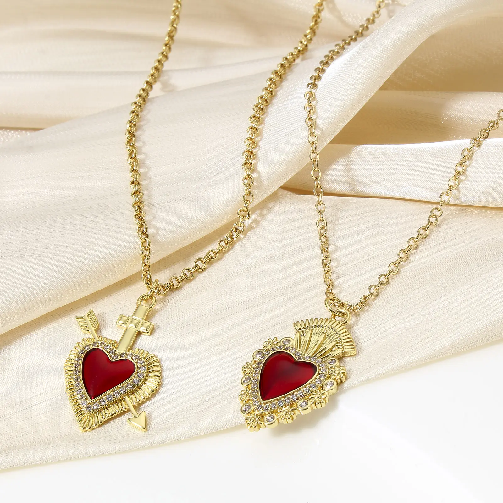 10 Piece Wholesale Classic Red Religious Heart Charms For Jewelry Making Ex Voto Pendants Clear Cubic Zirconia Necklace DIY