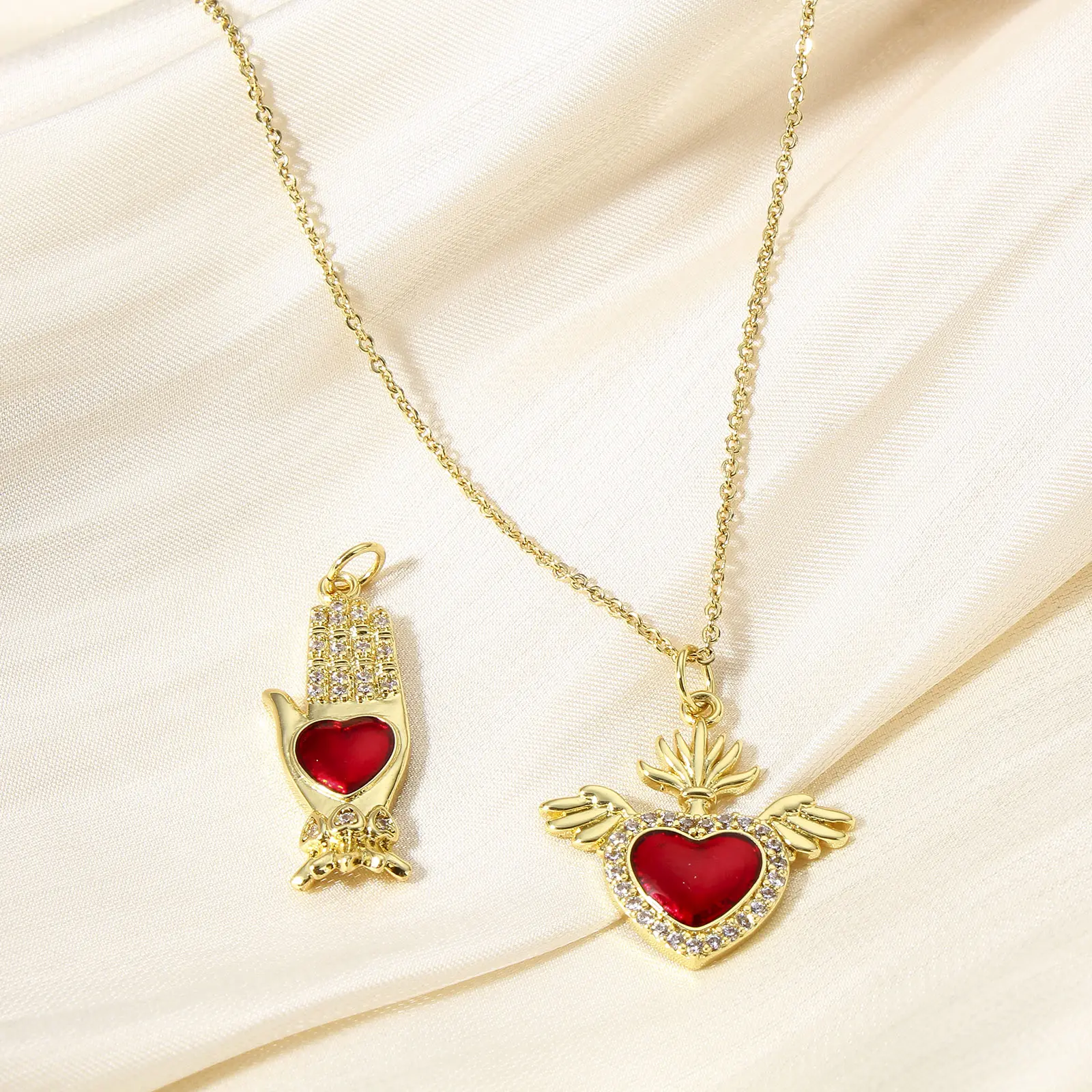 10 Piece Wholesale Classic Red Religious Heart Charms For Jewelry Making Ex Voto Pendants Clear Cubic Zirconia Necklace DIY
