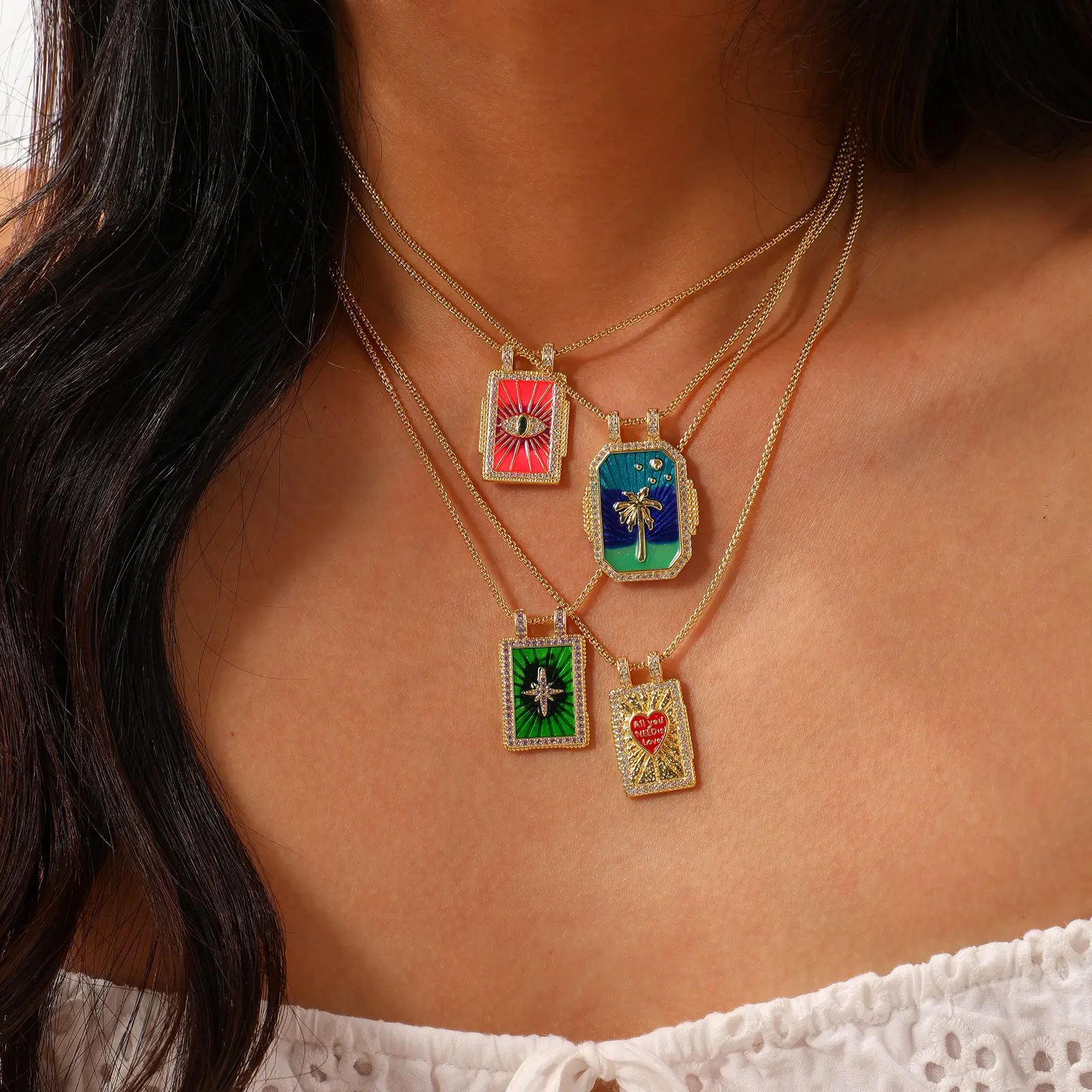Bohemian 18K Real Gold Plated Ethnic Pendant Necklace Brass Coconut Tree Heart Sun Moon Charm Necklace For Women Gift 45cm