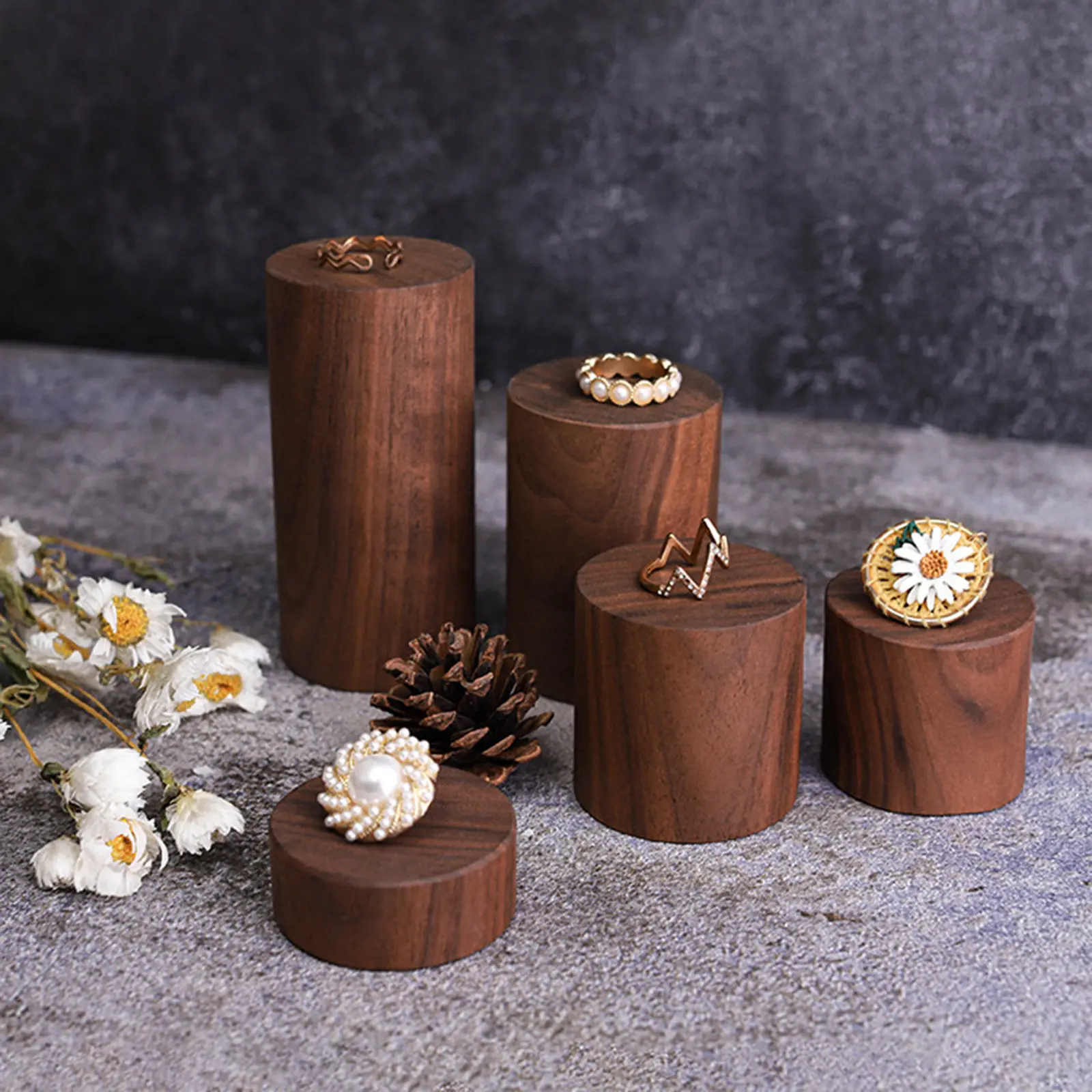 Vintage Dark Brown Cylinder High-end Black Walnut Wood Jewelry Display Stand Storage Column Photo Props Ring Earring Bracket 1Pc