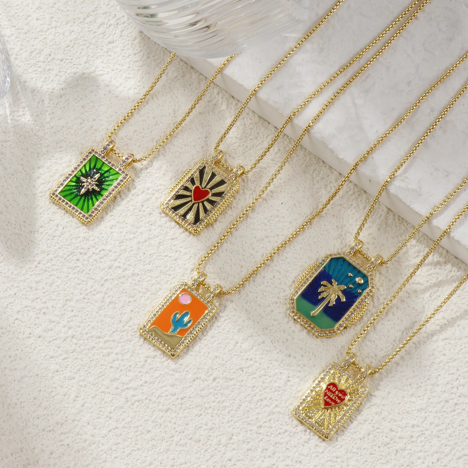 Bohemian 18K Real Gold Plated Ethnic Pendant Necklace Brass Coconut Tree Heart Sun Moon Charm Necklace For Women Gift 45cm