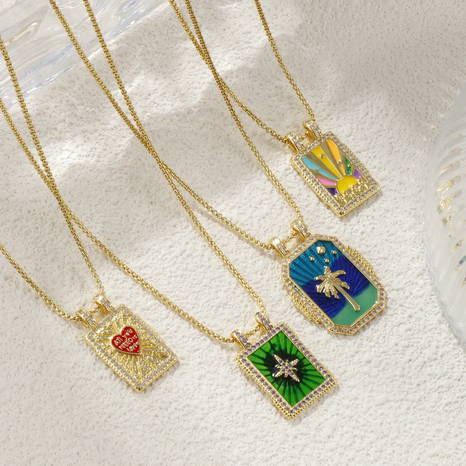 Bohemian 18K Real Gold Plated Ethnic Pendant Necklace Brass Coconut Tree Heart Sun Moon Charm Necklace For Women Gift 45cm