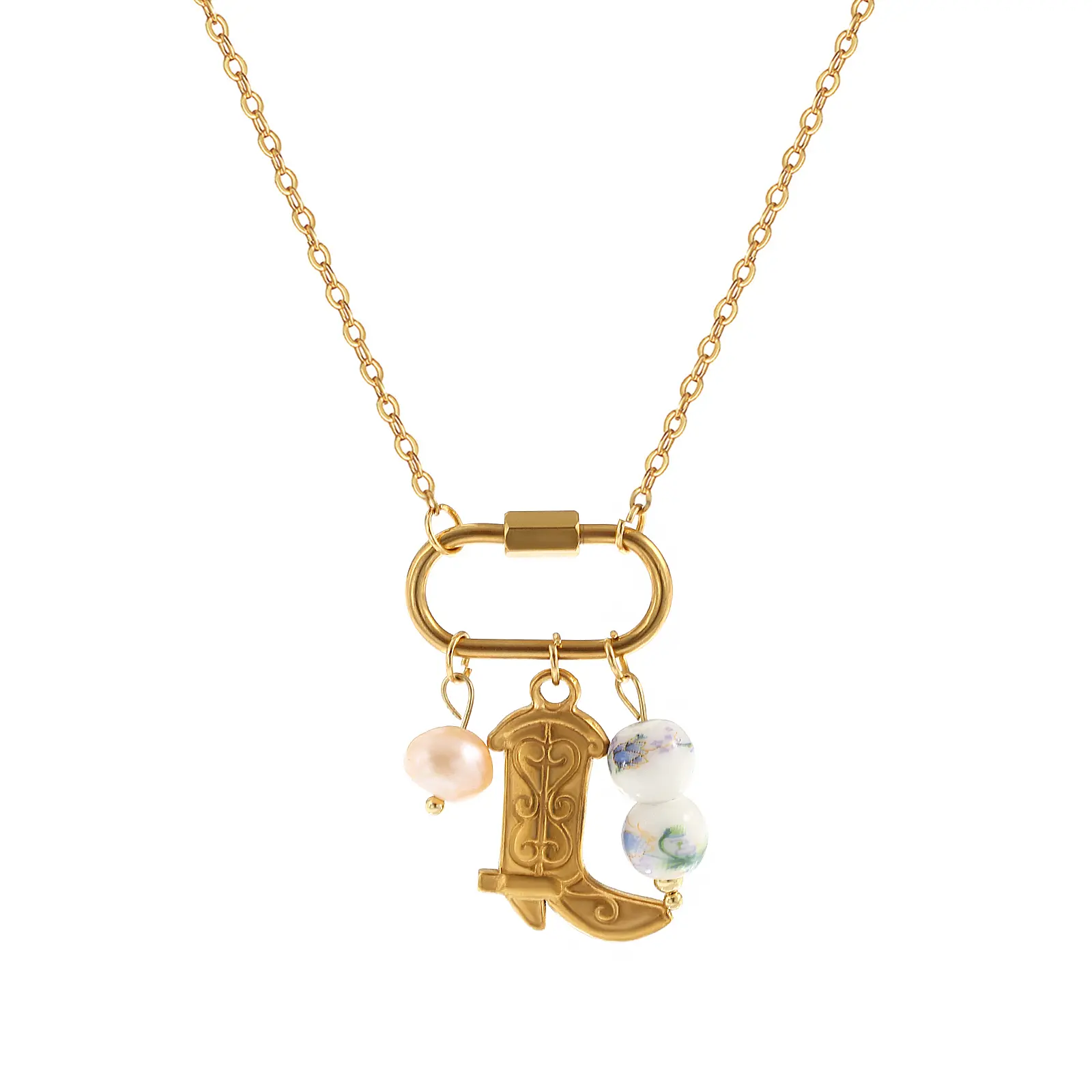 1 Pc Exquisite West Cowboy Pendant Necklace Stainless Steel Natural Pearl Boots Charms Necklace For Women Gift 48cm + 5cm long
