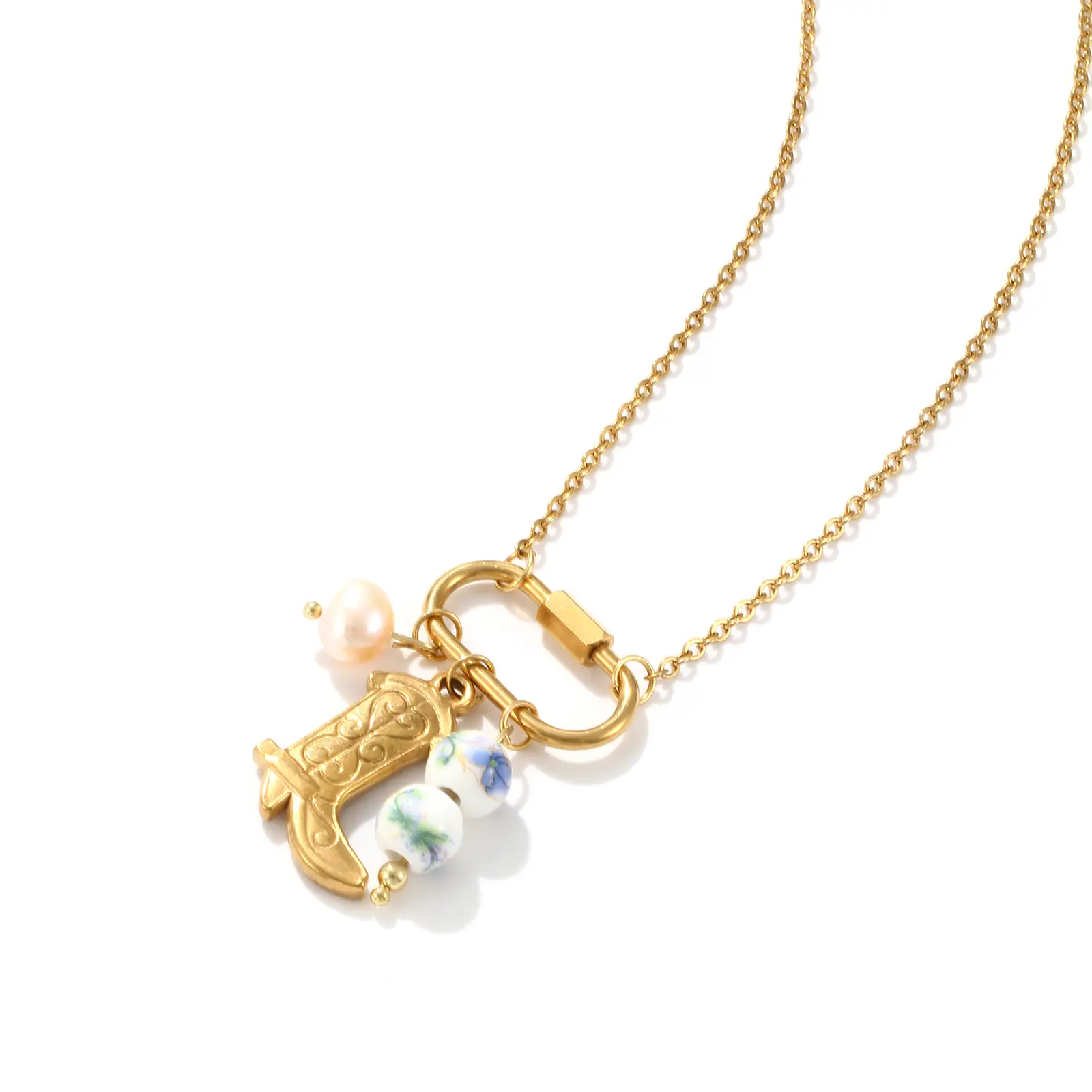 1 Pc Exquisite West Cowboy Pendant Necklace Stainless Steel Natural Pearl Boots Charms Necklace For Women Gift 48cm + 5cm long