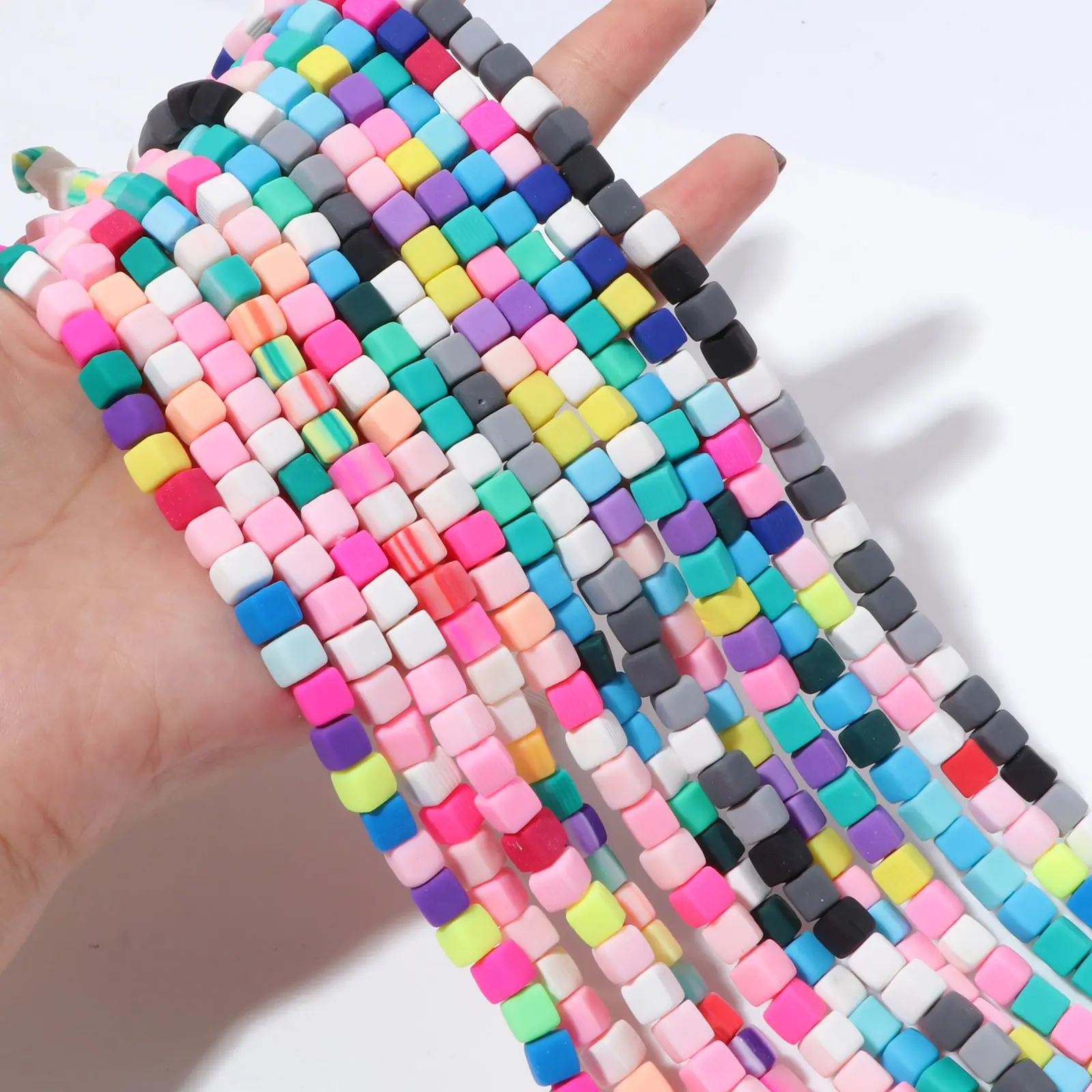2 Strands (Approx 60 PCs/Strand) Polymer Clay Beads Cube At Random Color About 6mm x 6mm, Hole: Approx 1.2mm, 40cm(15 6/8") long