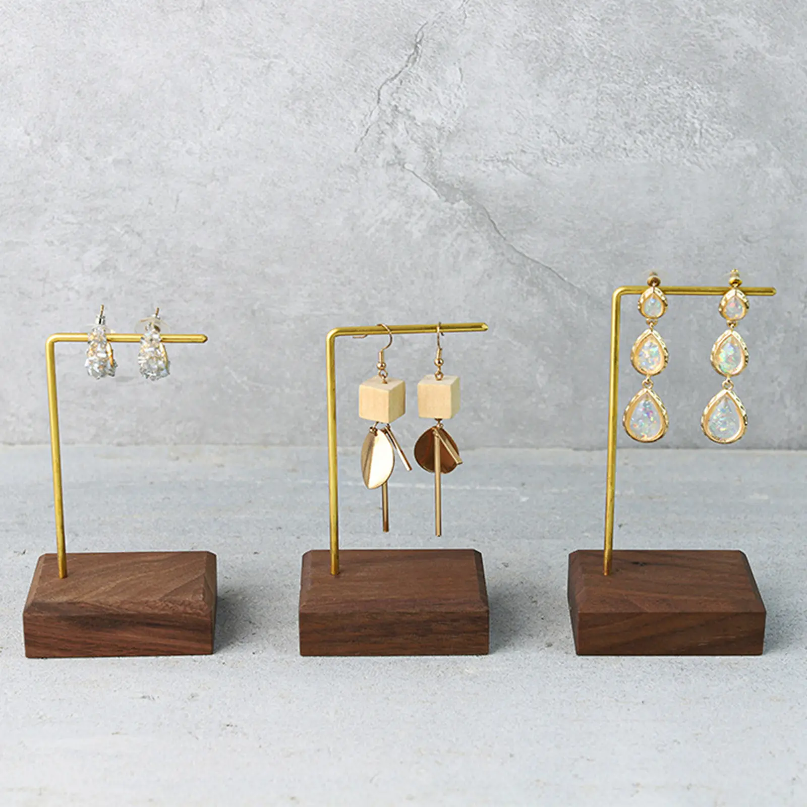Brown Rectangular Base Golden T/L Bar High-end Black Walnut Wood Earrings Display Stand Storage Photo Prop Jewelry Organizer 1Pc