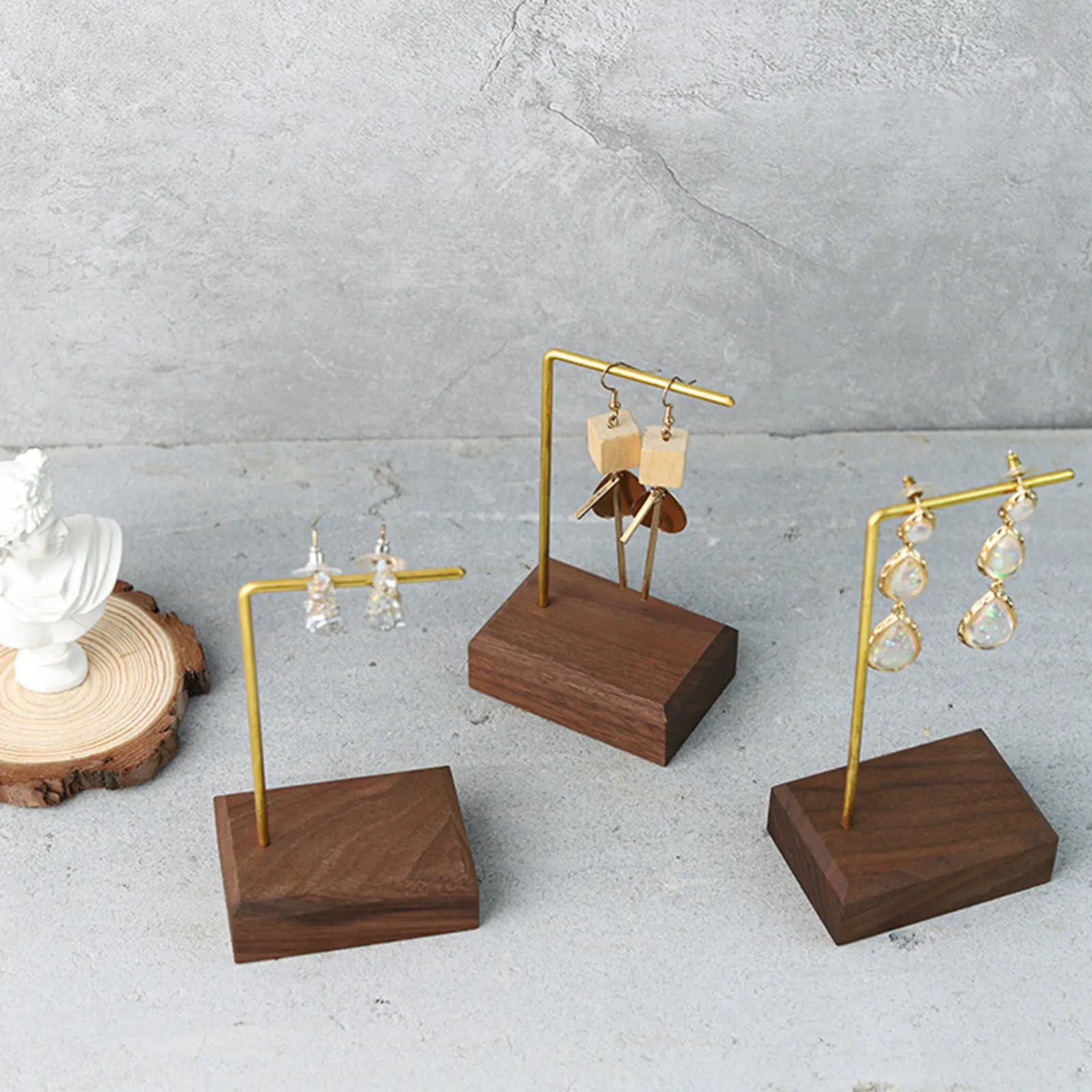 Brown Rectangular Base Golden T/L Bar High-end Black Walnut Wood Earrings Display Stand Storage Photo Prop Jewelry Organizer 1Pc