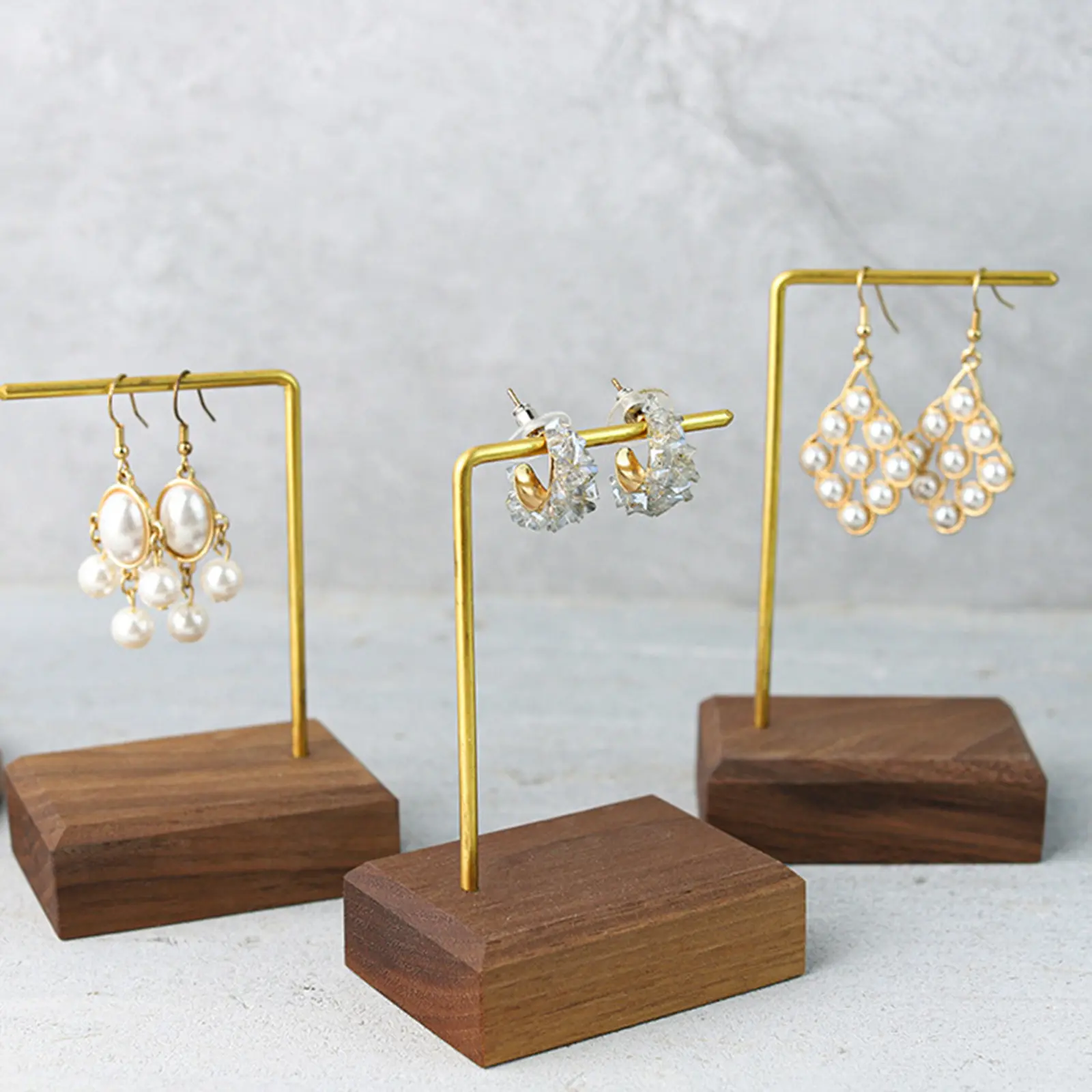 Brown Rectangular Base Golden T/L Bar High-end Black Walnut Wood Earrings Display Stand Storage Photo Prop Jewelry Organizer 1Pc