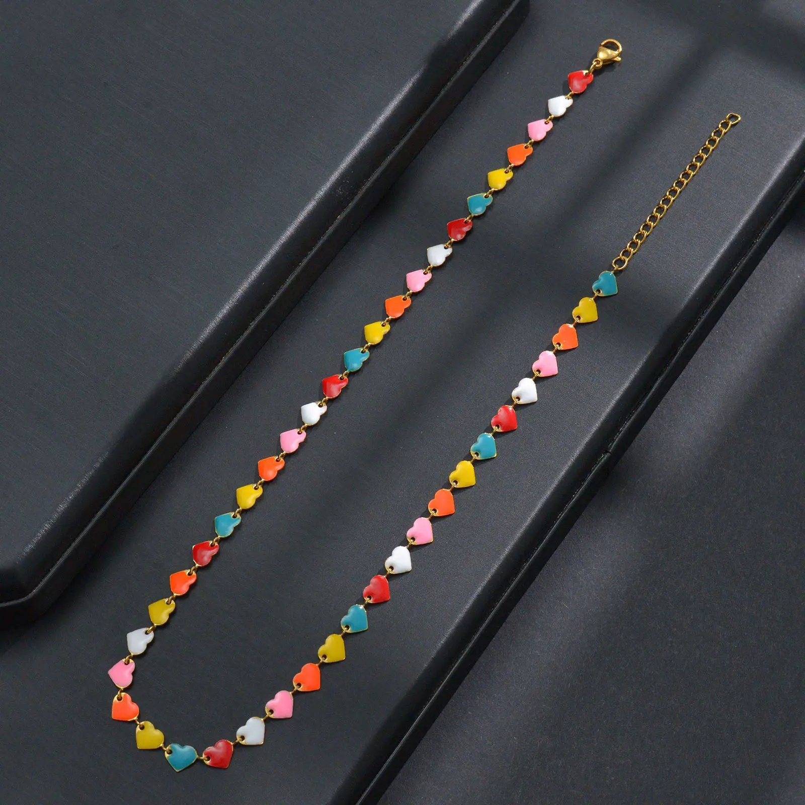 304 Stainless Steel Stylish Necklace Gold Color Multicolor Enamel Moon Heart Femme Jewelry Gift 35cm(13 6/8") long, 1 Piece